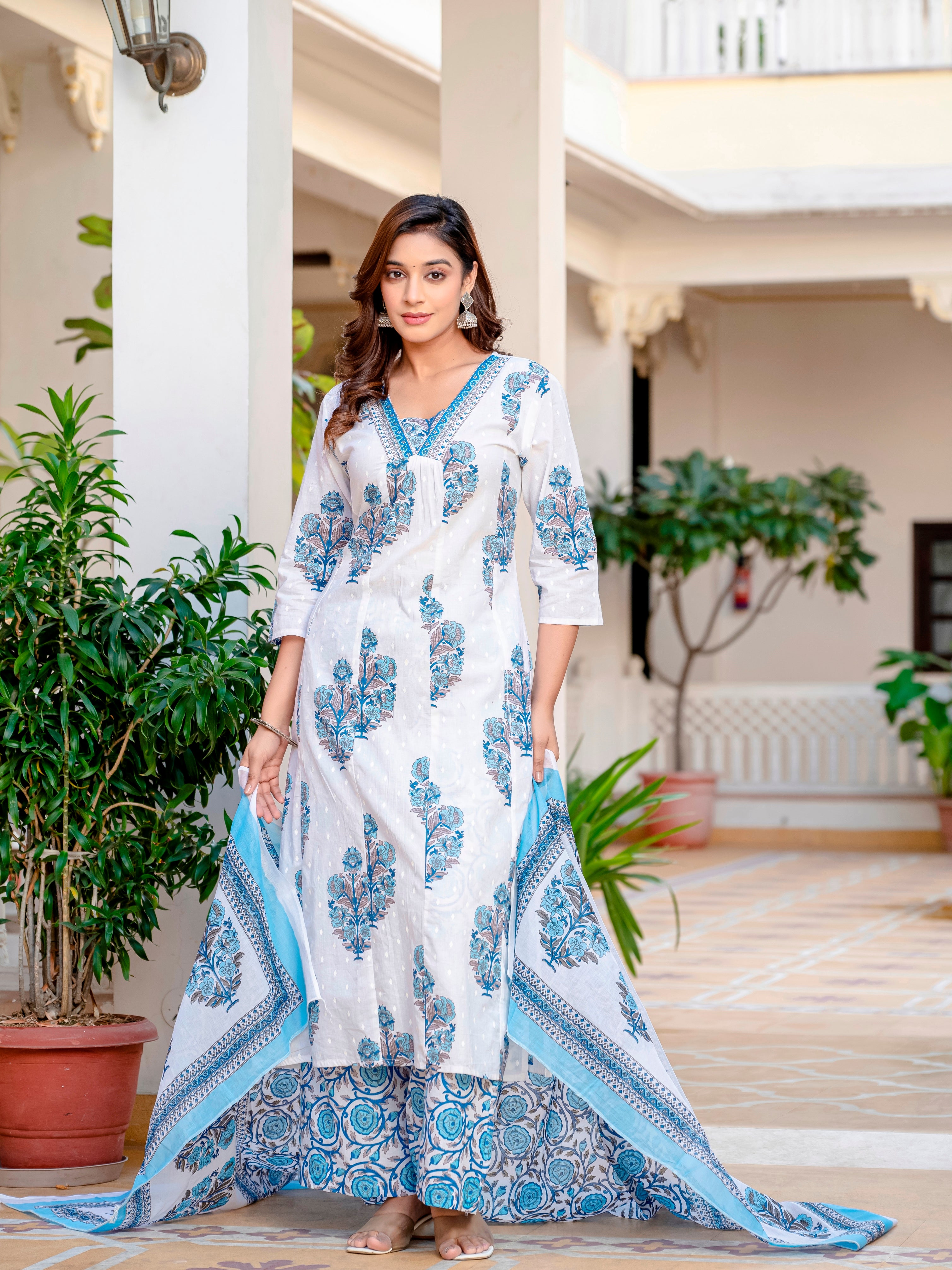 Jaipuri Printed Blue White Cotton Kurti With Pant And Dupatta For Women