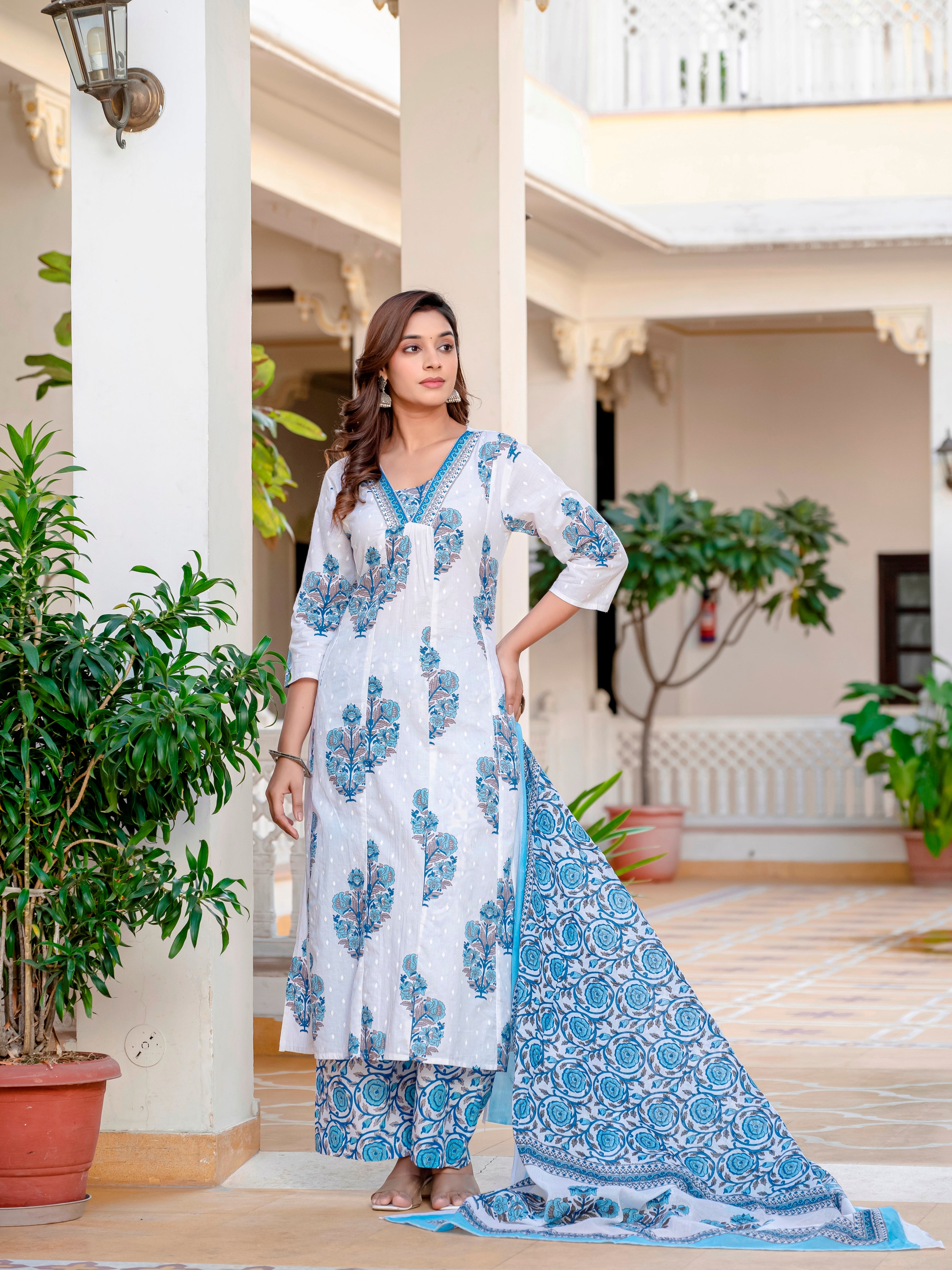 Jaipuri Printed Blue White Cotton Kurti With Pant And Dupatta For Women