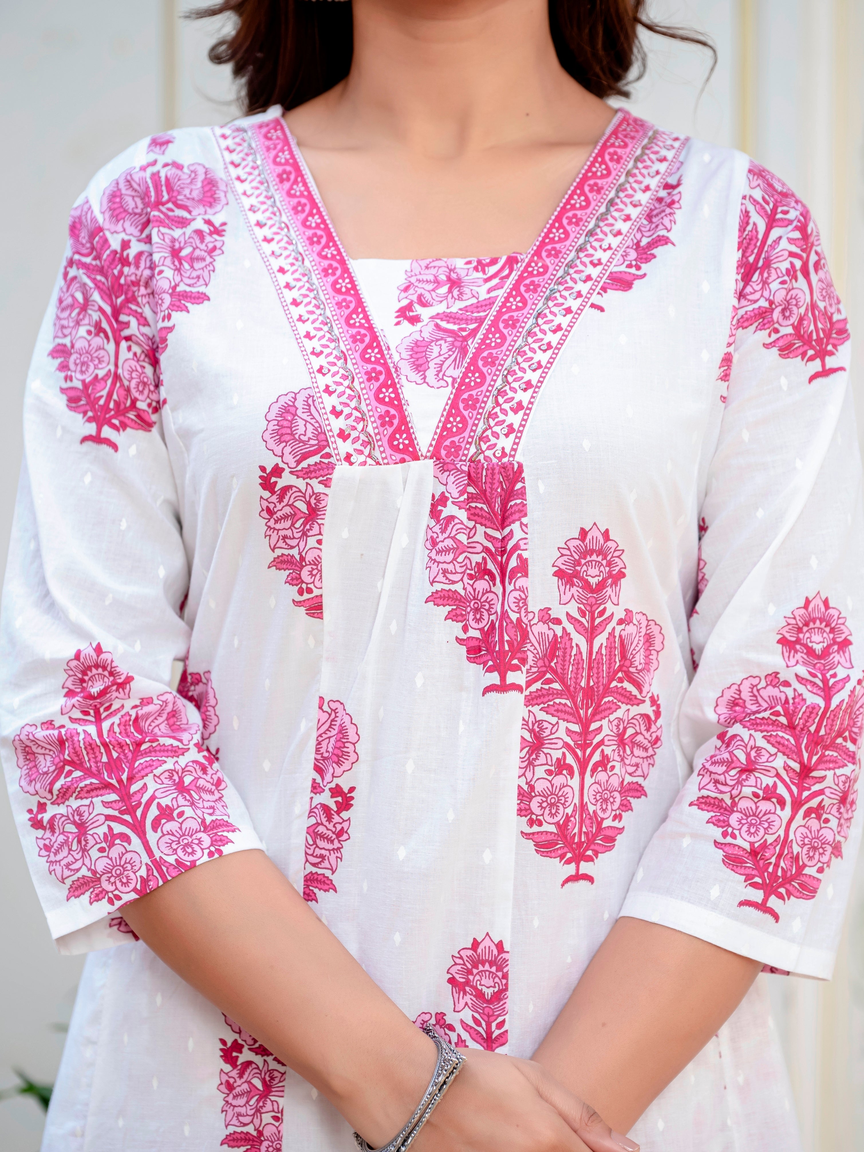 Women Casual Wear Floral Sanganeri Jaipuri Printed Cotton White and Pink Kurti With Pant and Dupatta