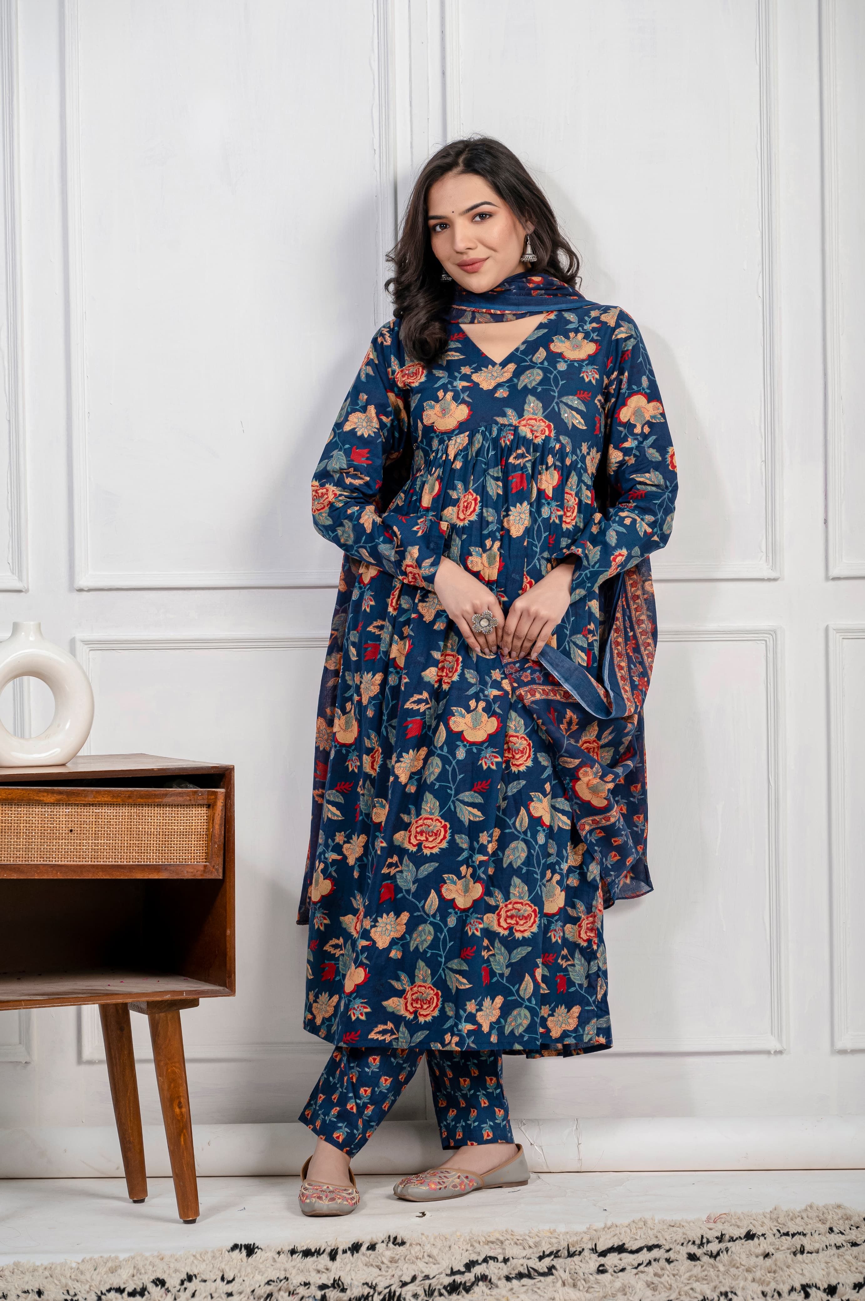 New Women Trendy Navy Blue Cotton Flower Printed Sequence Worked Kurta And Pant With Cotton Mulmul Dupatta