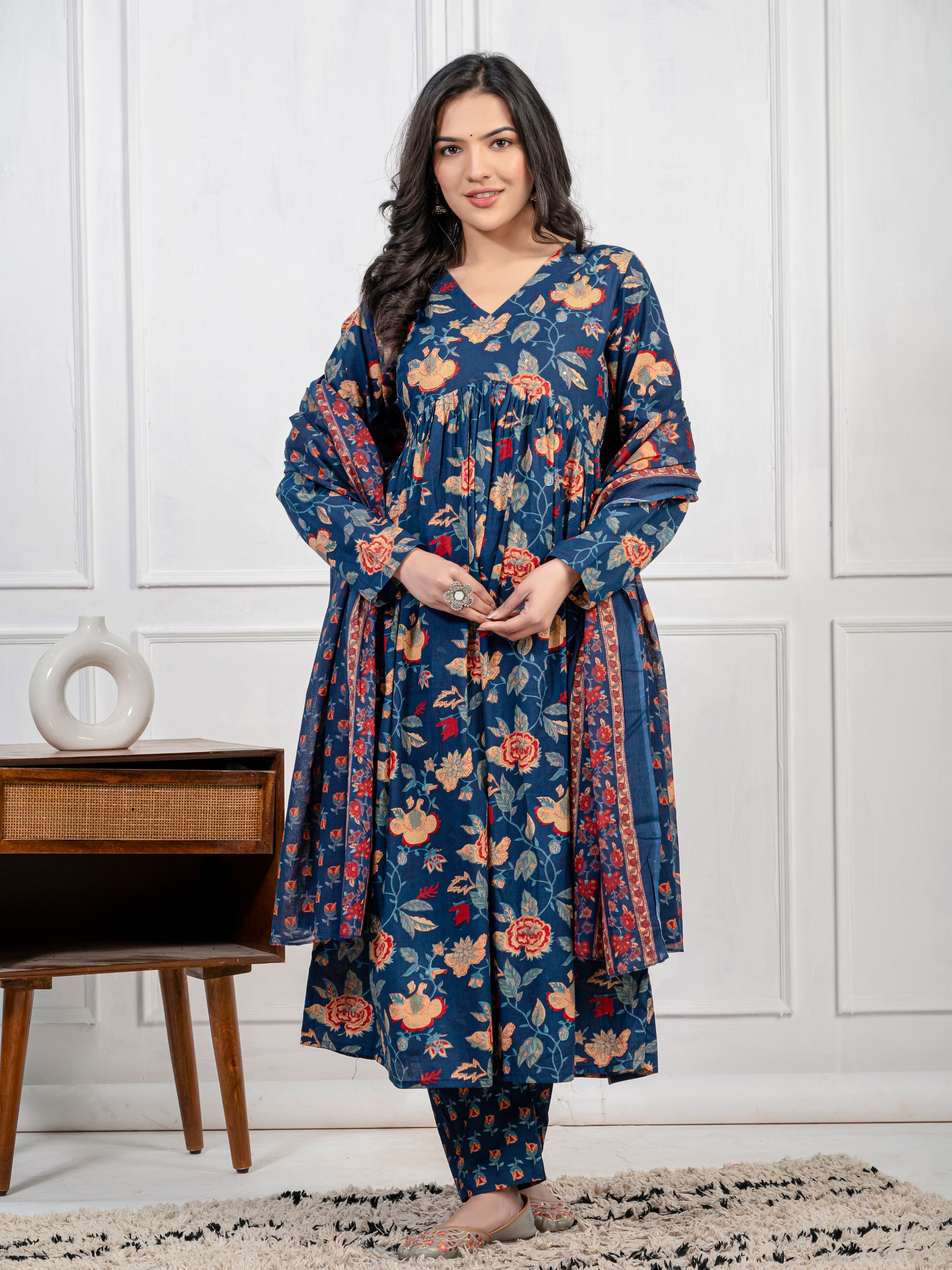 New Women Trendy Navy Blue Cotton Flower Printed Sequence Worked Kurta And Pant With Cotton Mulmul Dupatta