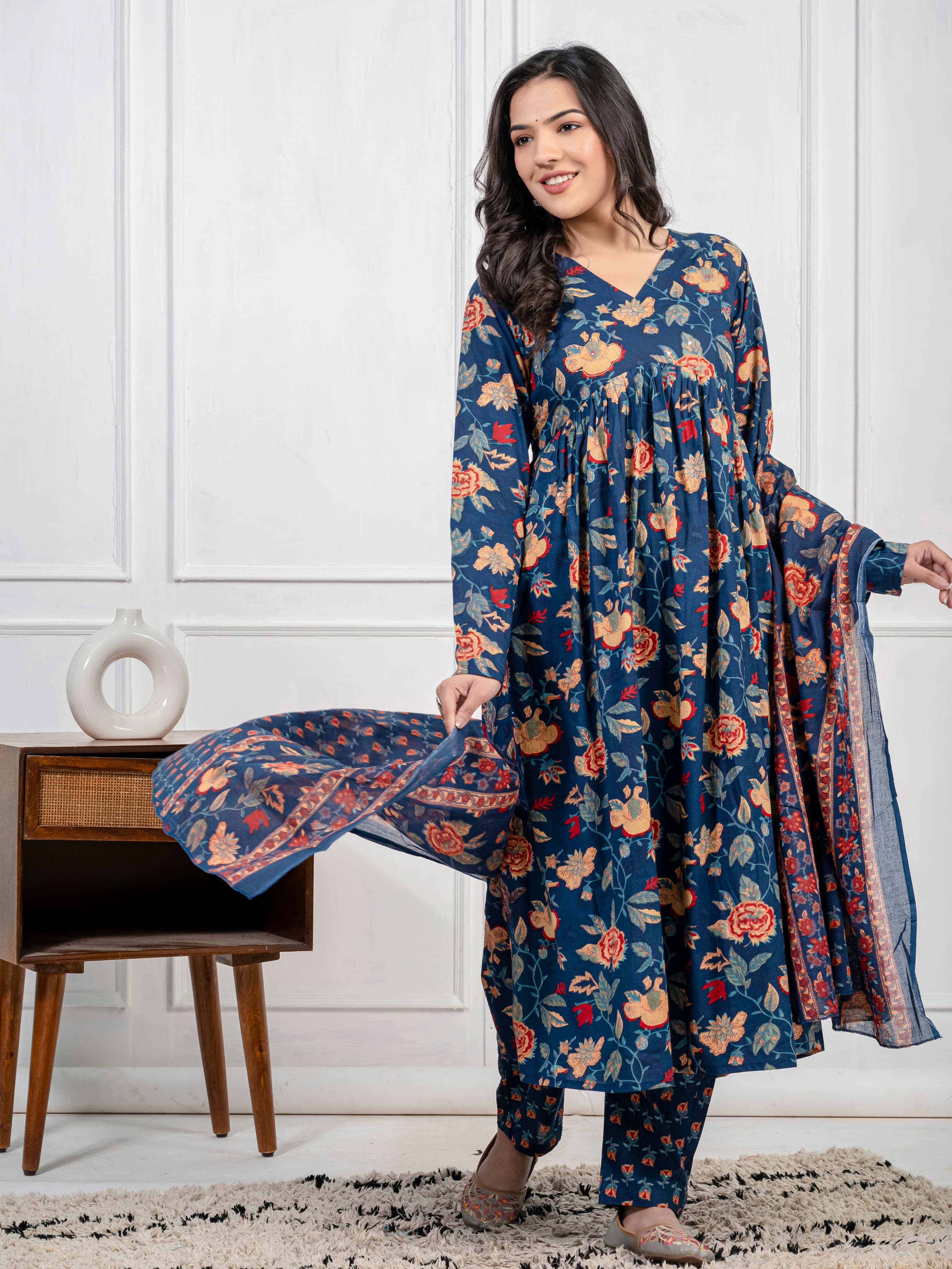 New Women Trendy Navy Blue Cotton Flower Printed Sequence Worked Kurta And Pant With Cotton Mulmul Dupatta
