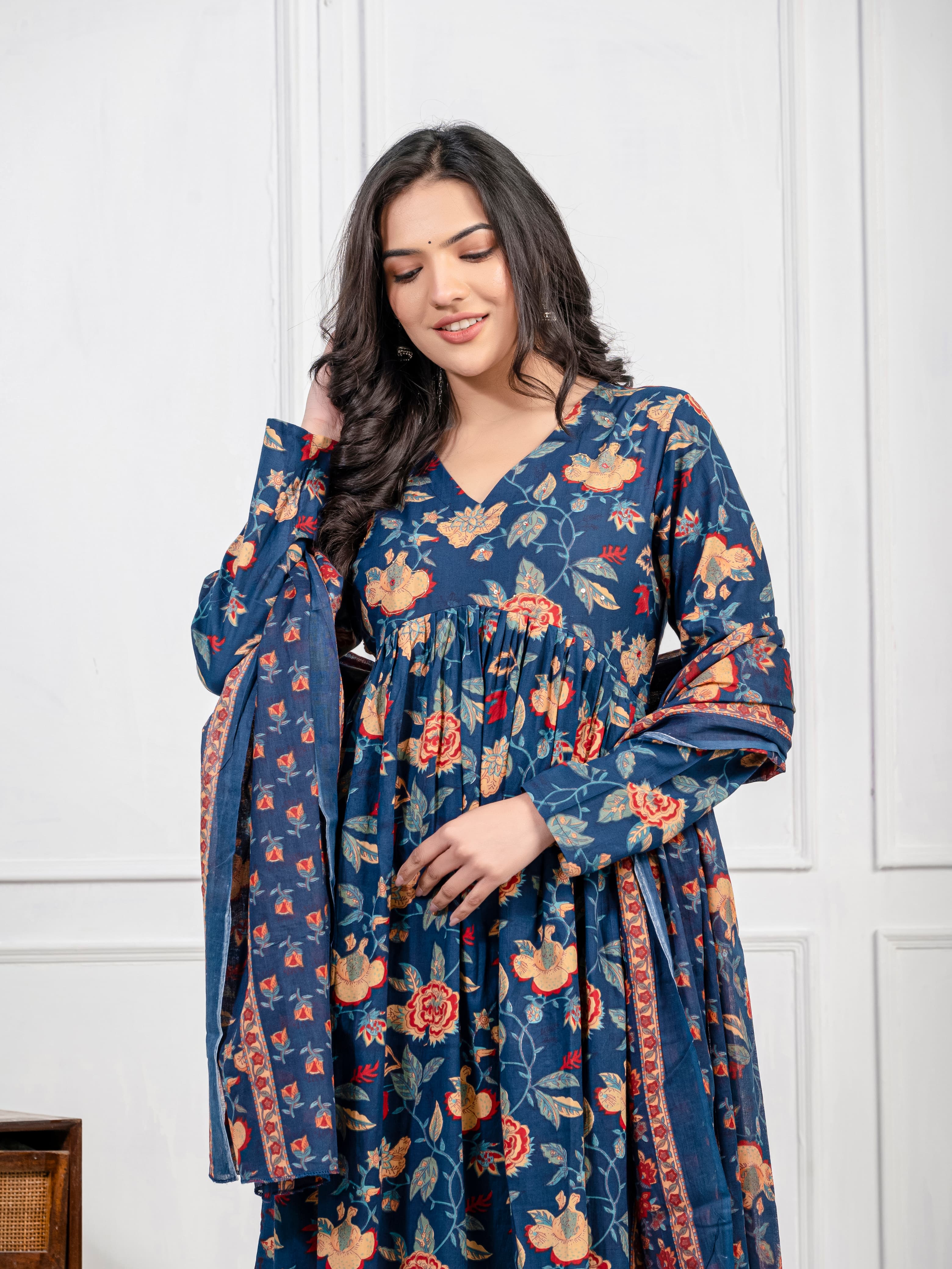 New Women Trendy Navy Blue Cotton Flower Printed Sequence Worked Kurta And Pant With Cotton Mulmul Dupatta