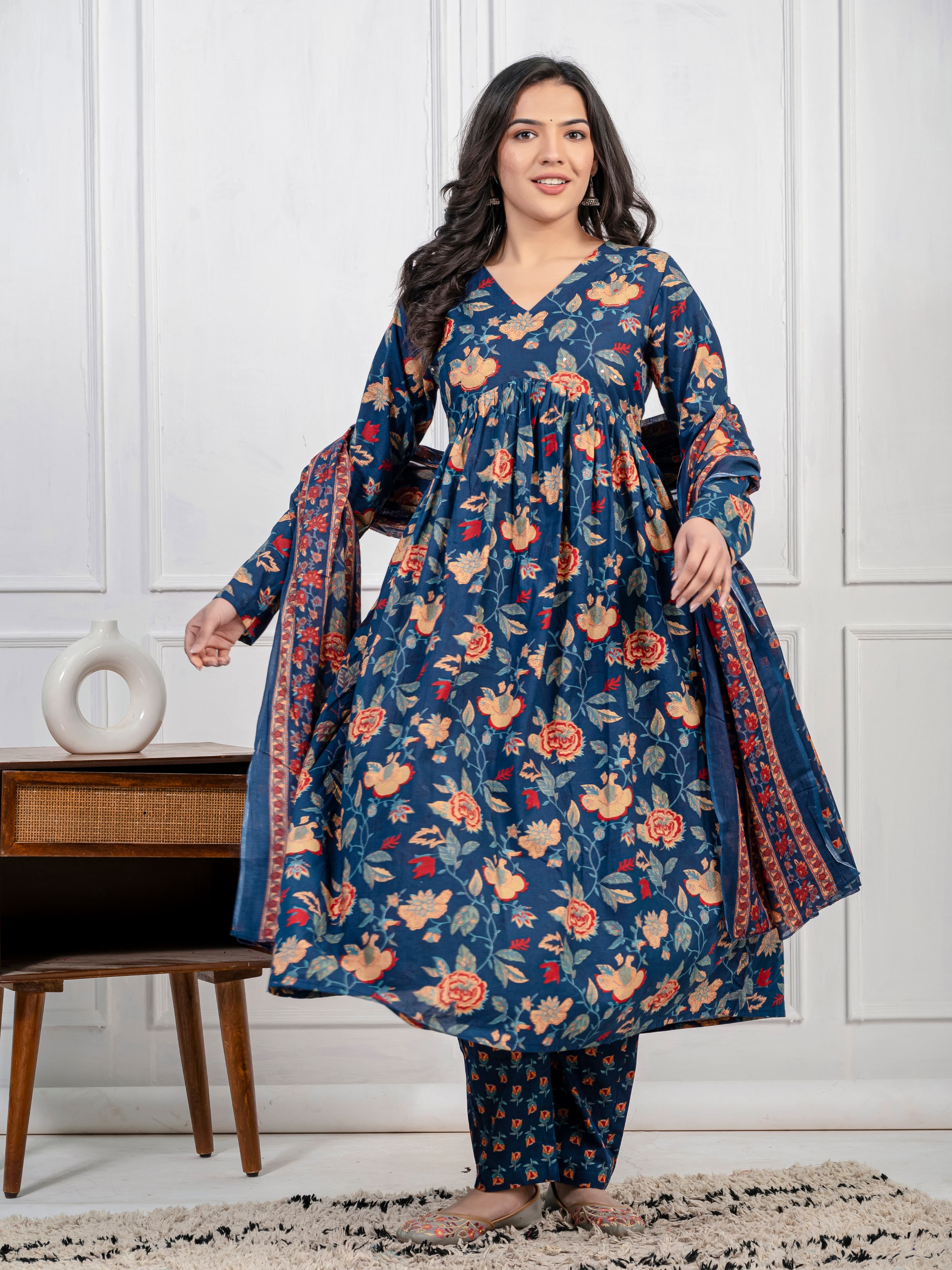 New Women Trendy Navy Blue Cotton Flower Printed Sequence Worked Kurta And Pant With Cotton Mulmul Dupatta