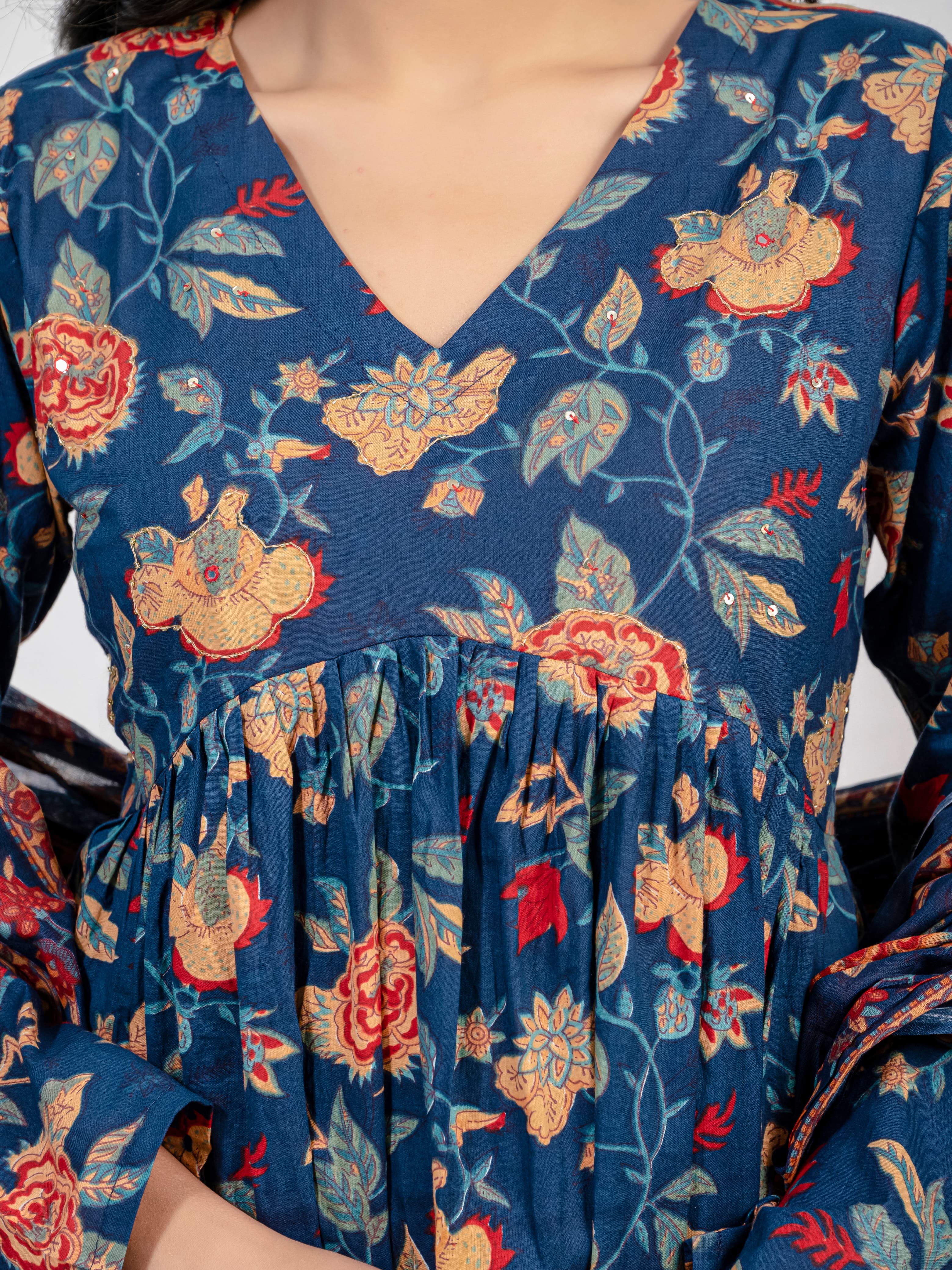 New Women Trendy Navy Blue Cotton Flower Printed Sequence Worked Kurta And Pant With Cotton Mulmul Dupatta