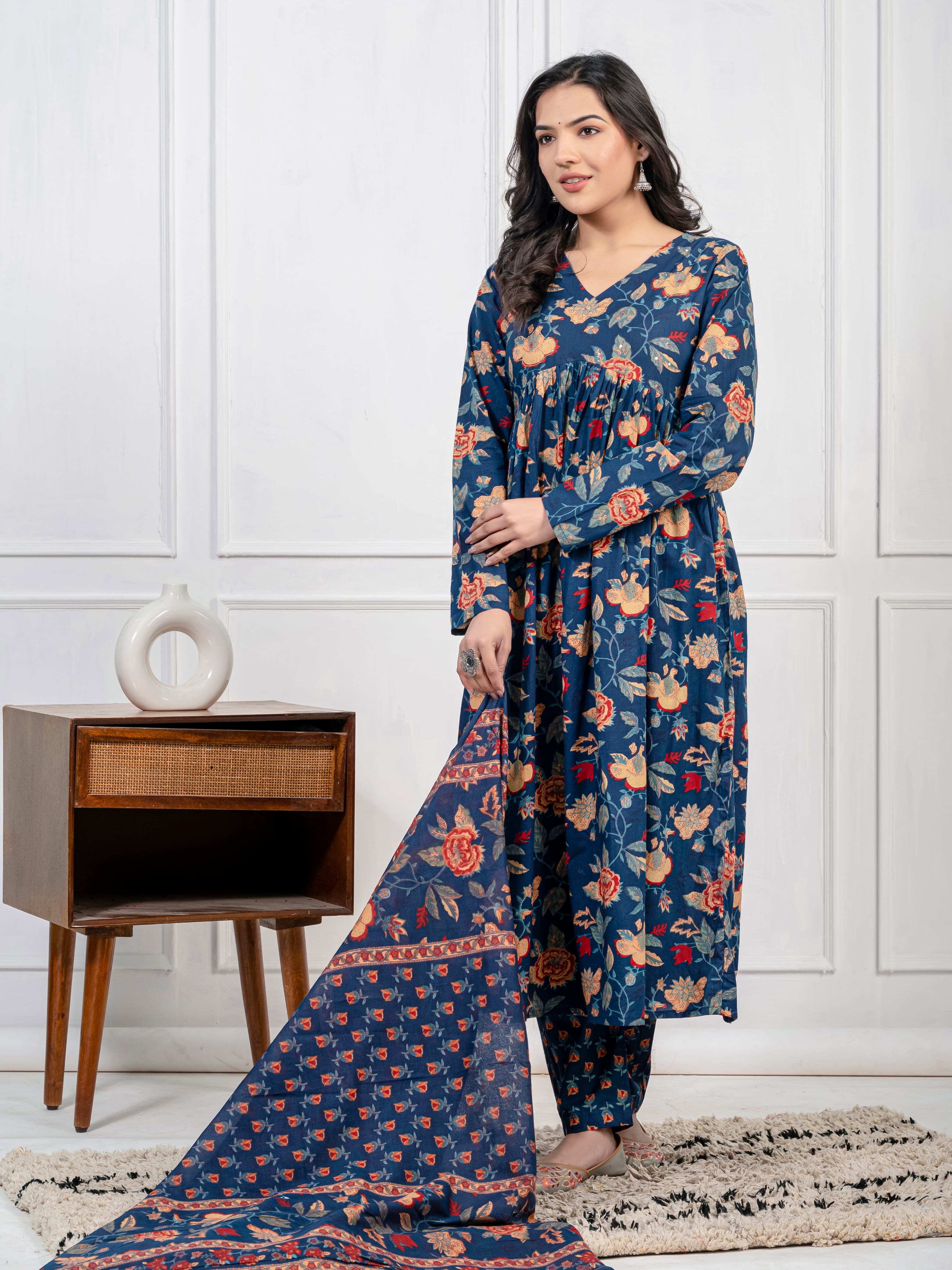 New Women Trendy Navy Blue Cotton Flower Printed Sequence Worked Kurta And Pant With Cotton Mulmul Dupatta