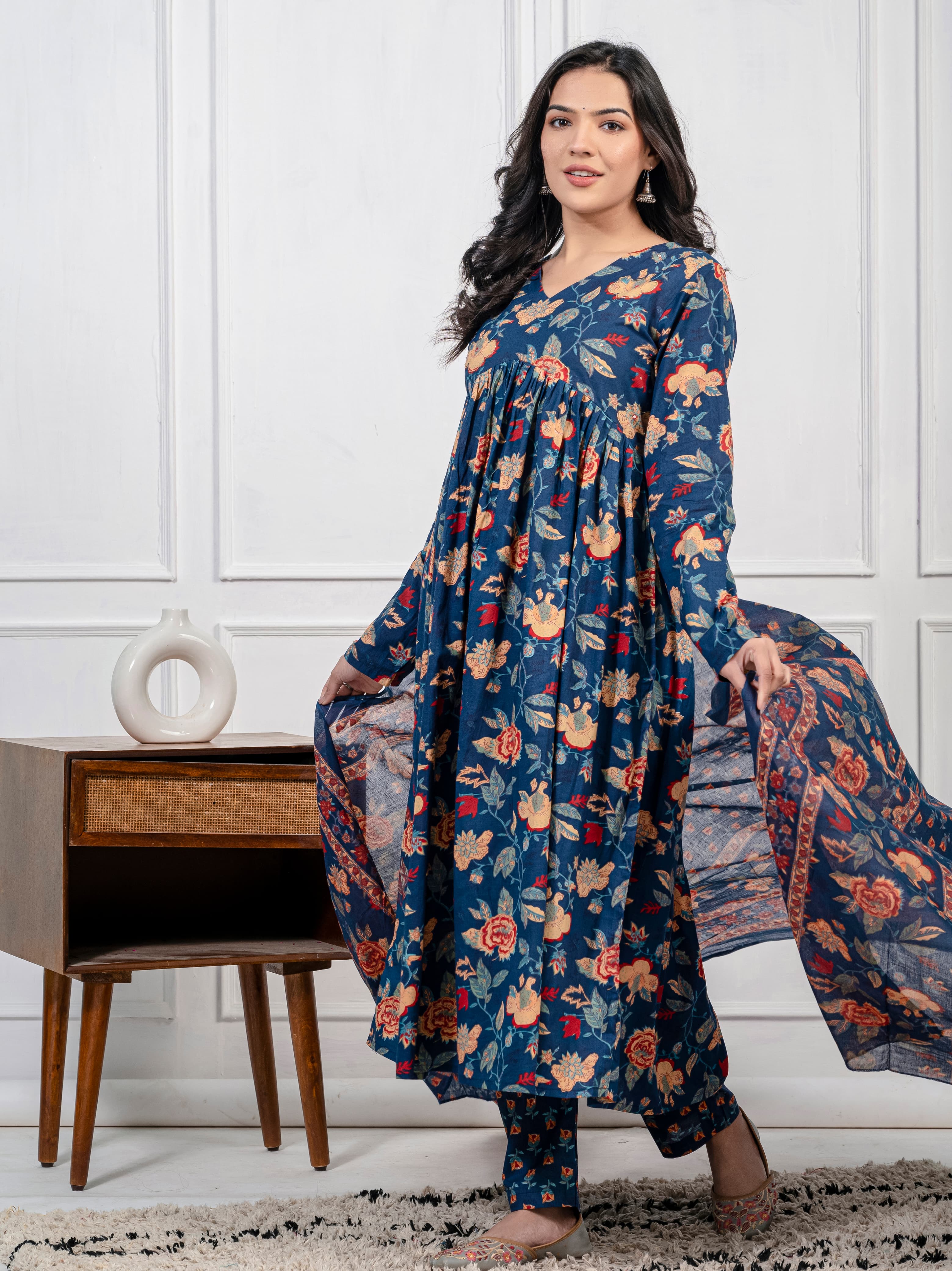 New Women Trendy Navy Blue Cotton Flower Printed Sequence Worked Kurta And Pant With Cotton Mulmul Dupatta
