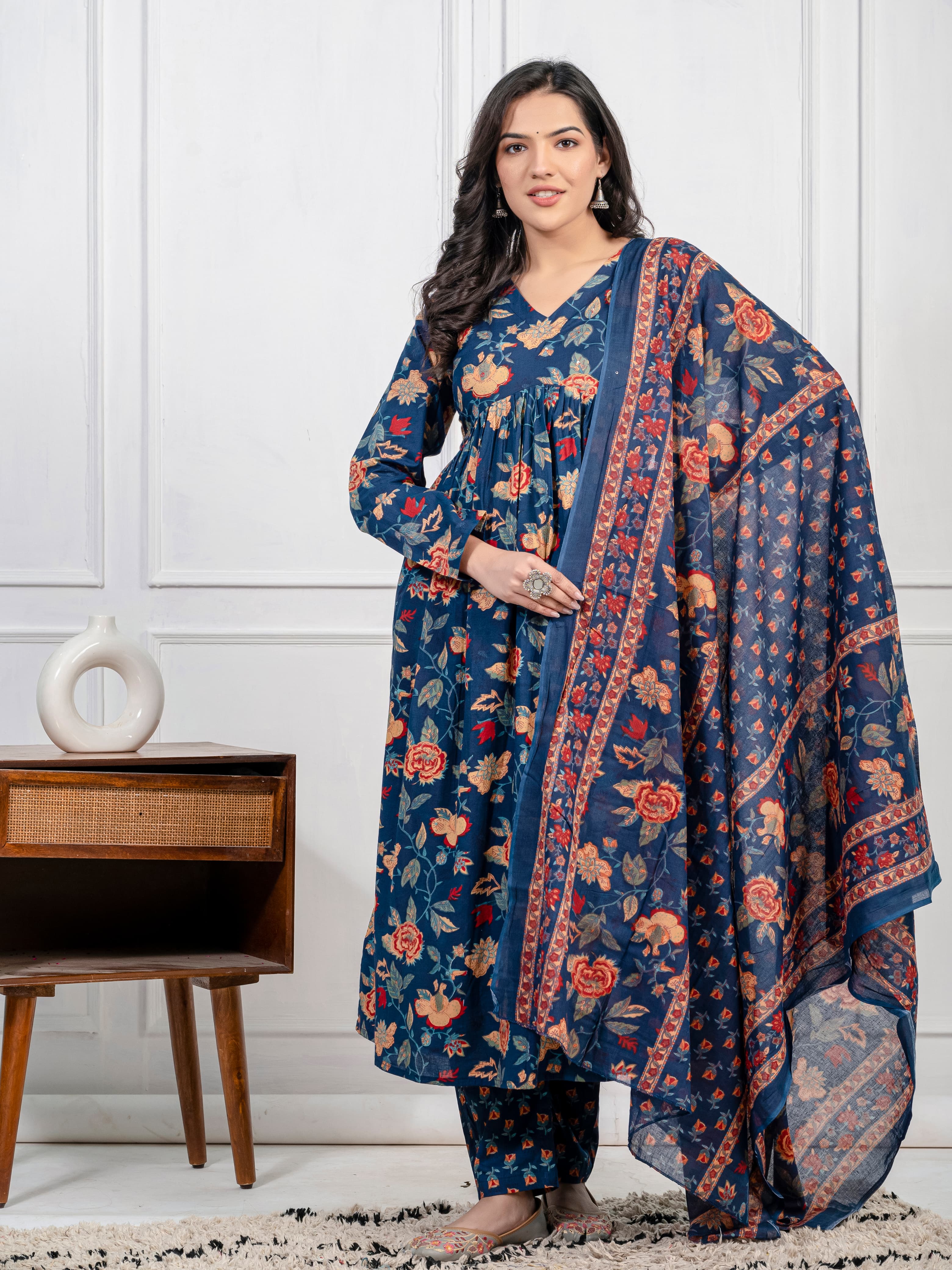 New Women Trendy Navy Blue Cotton Flower Printed Sequence Worked Kurta And Pant With Cotton Mulmul Dupatta