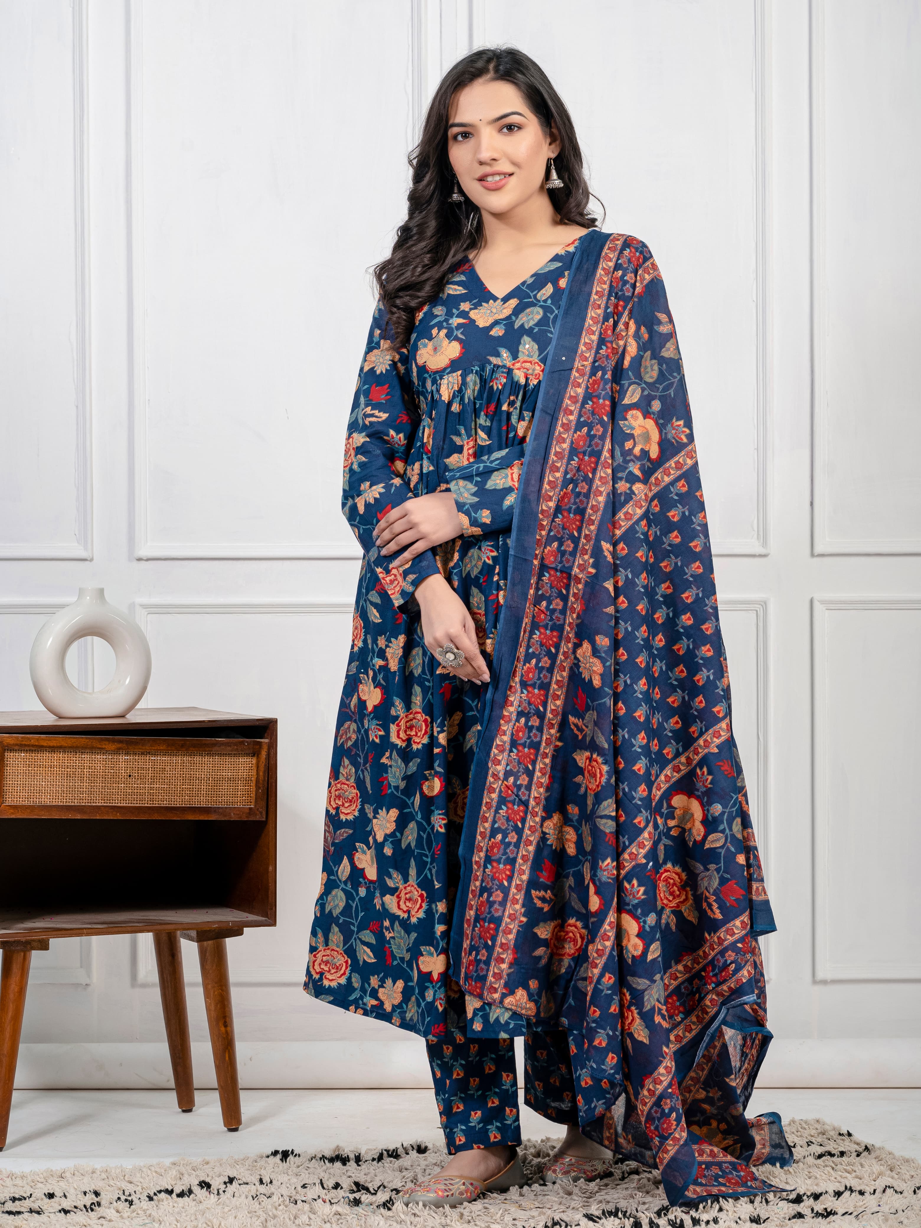 New Women Trendy Navy Blue Cotton Flower Printed Sequence Worked Kurta And Pant With Cotton Mulmul Dupatta