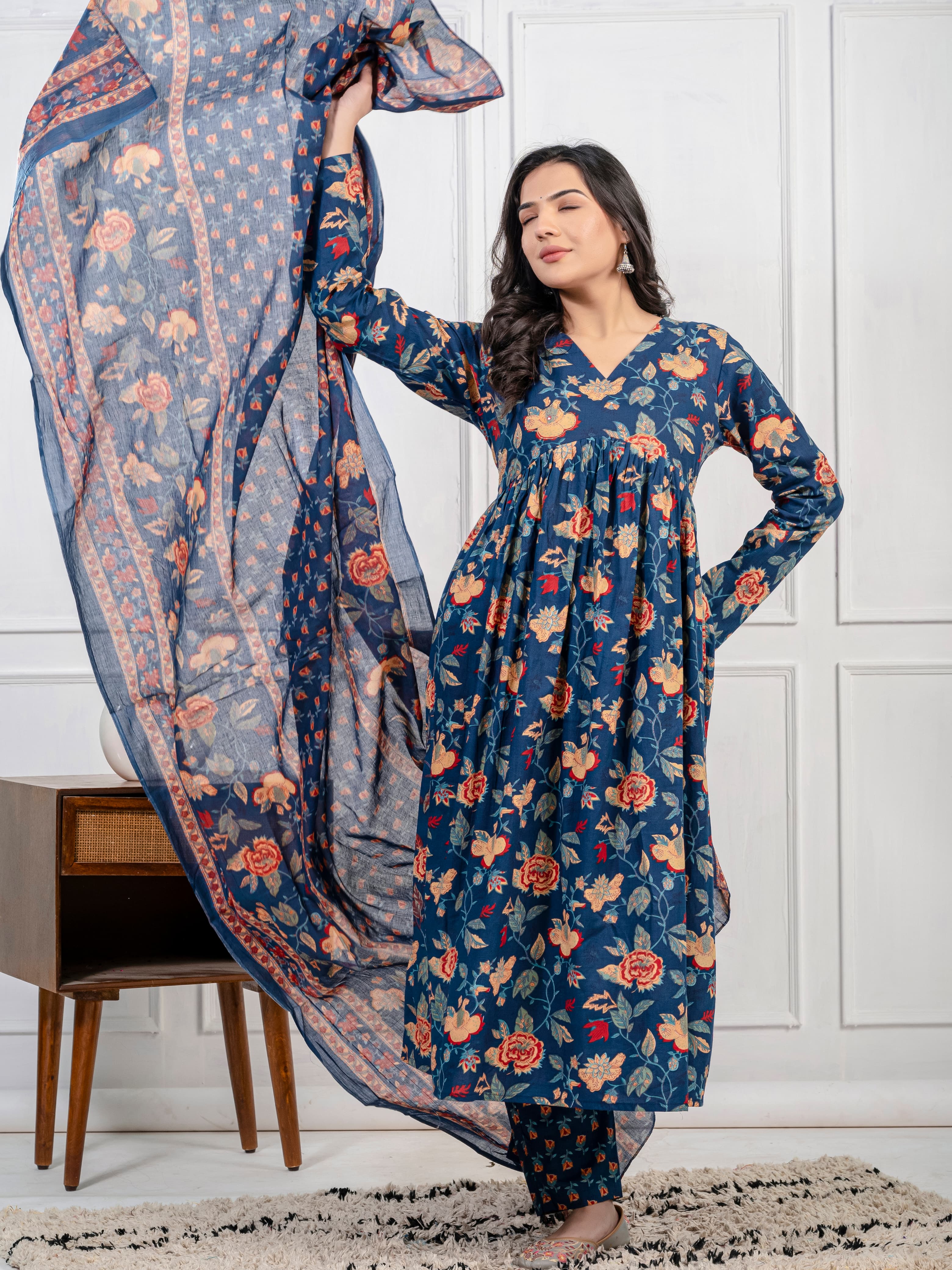 New Women Trendy Navy Blue Cotton Flower Printed Sequence Worked Kurta And Pant With Cotton Mulmul Dupatta