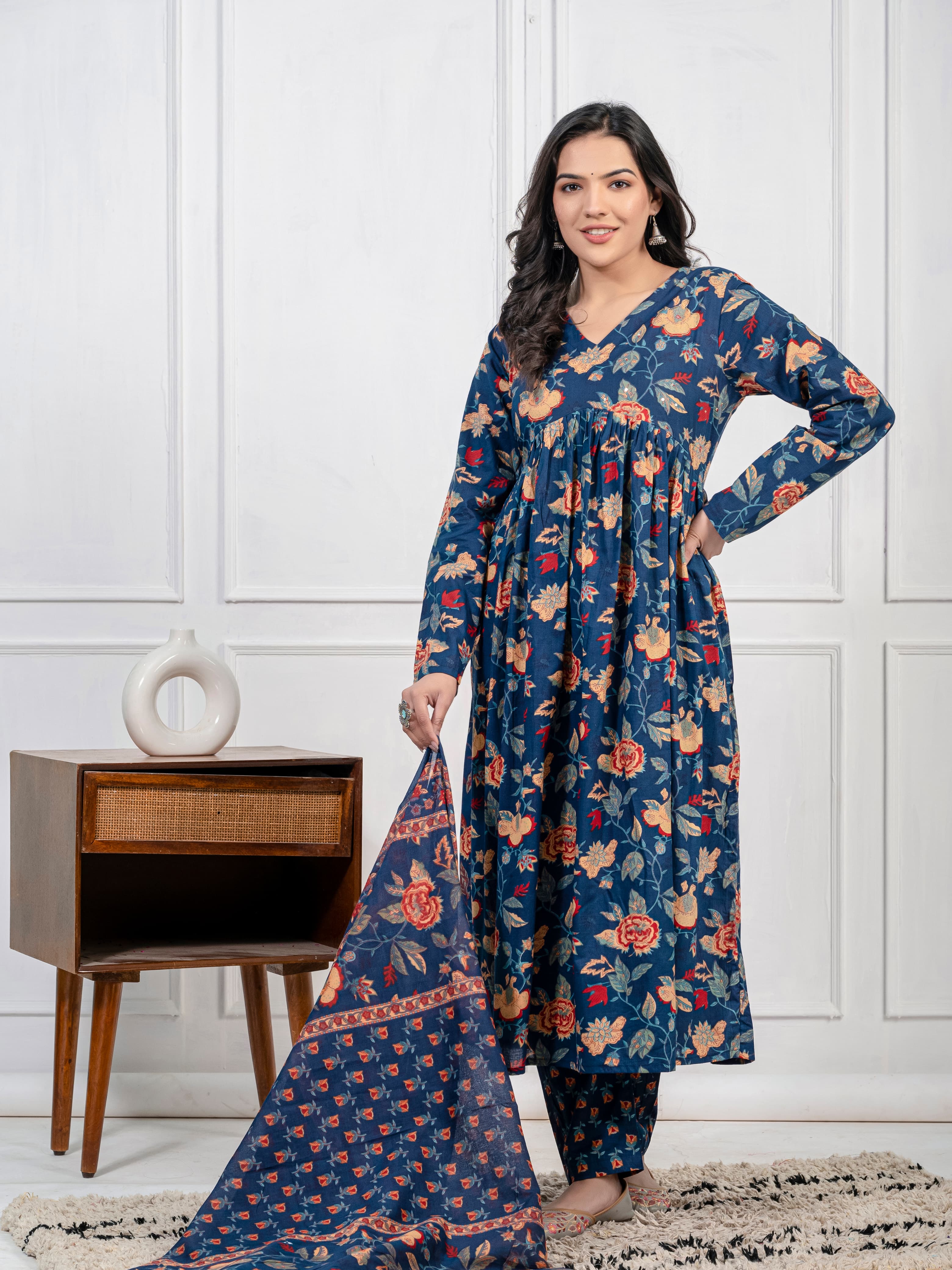 New Women Trendy Navy Blue Cotton Flower Printed Sequence Worked Kurta And Pant With Cotton Mulmul Dupatta