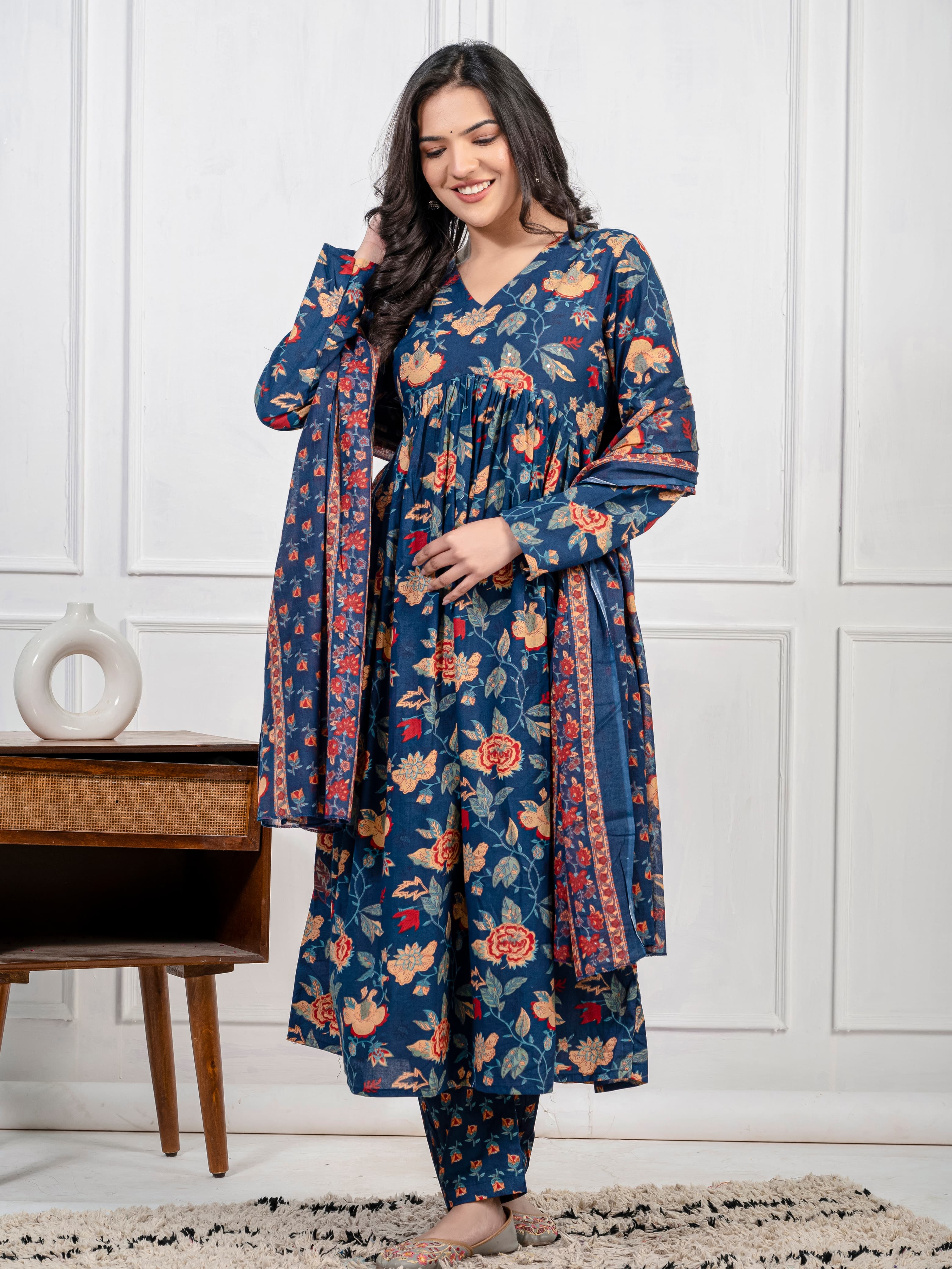 New Women Trendy Navy Blue Cotton Flower Printed Sequence Worked Kurta And Pant With Cotton Mulmul Dupatta