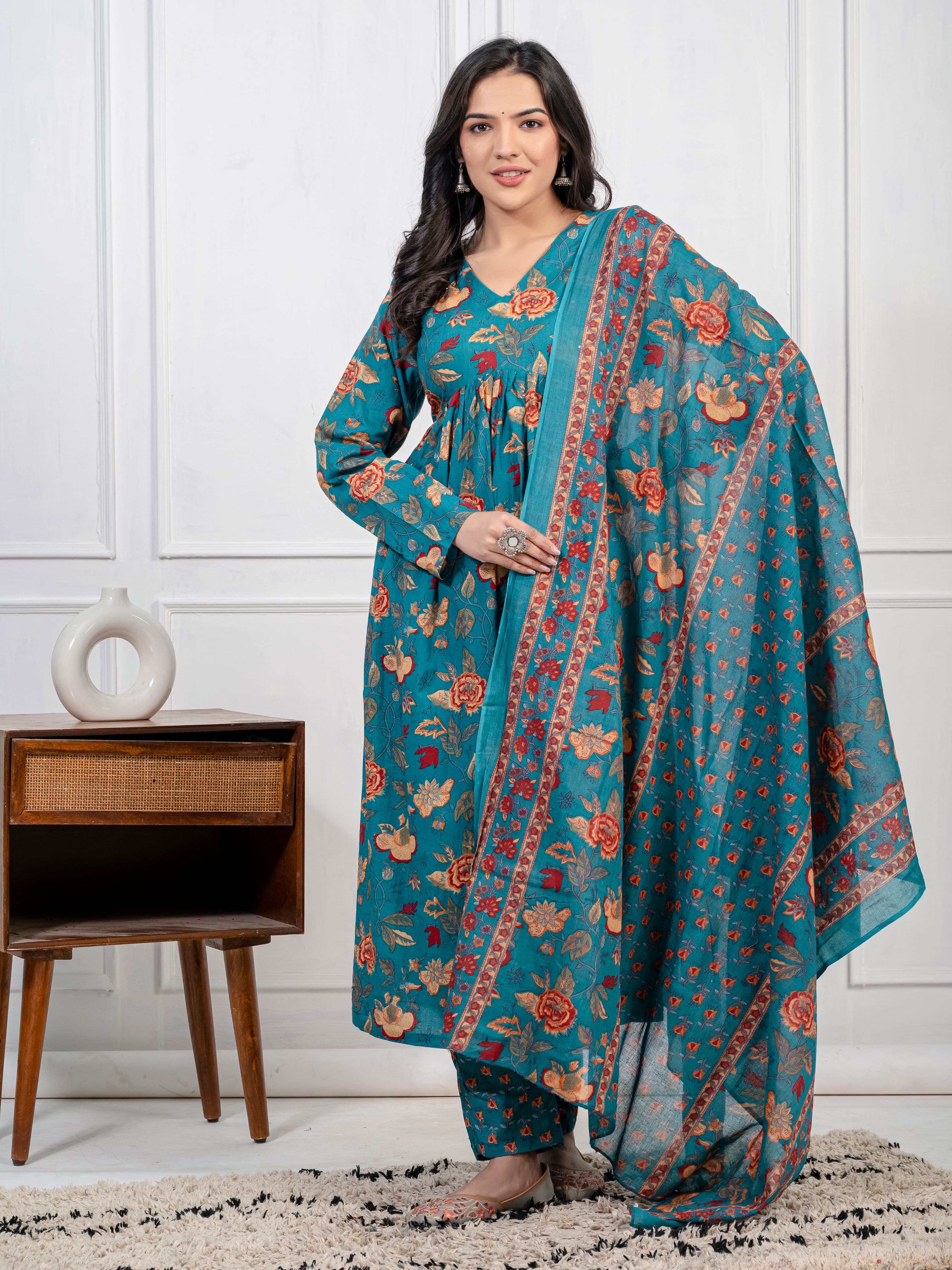 New Women Trendy Green Cotton Flower Printed Sequence Worked Kurta And Pant With Cotton Mulmul Dupatta