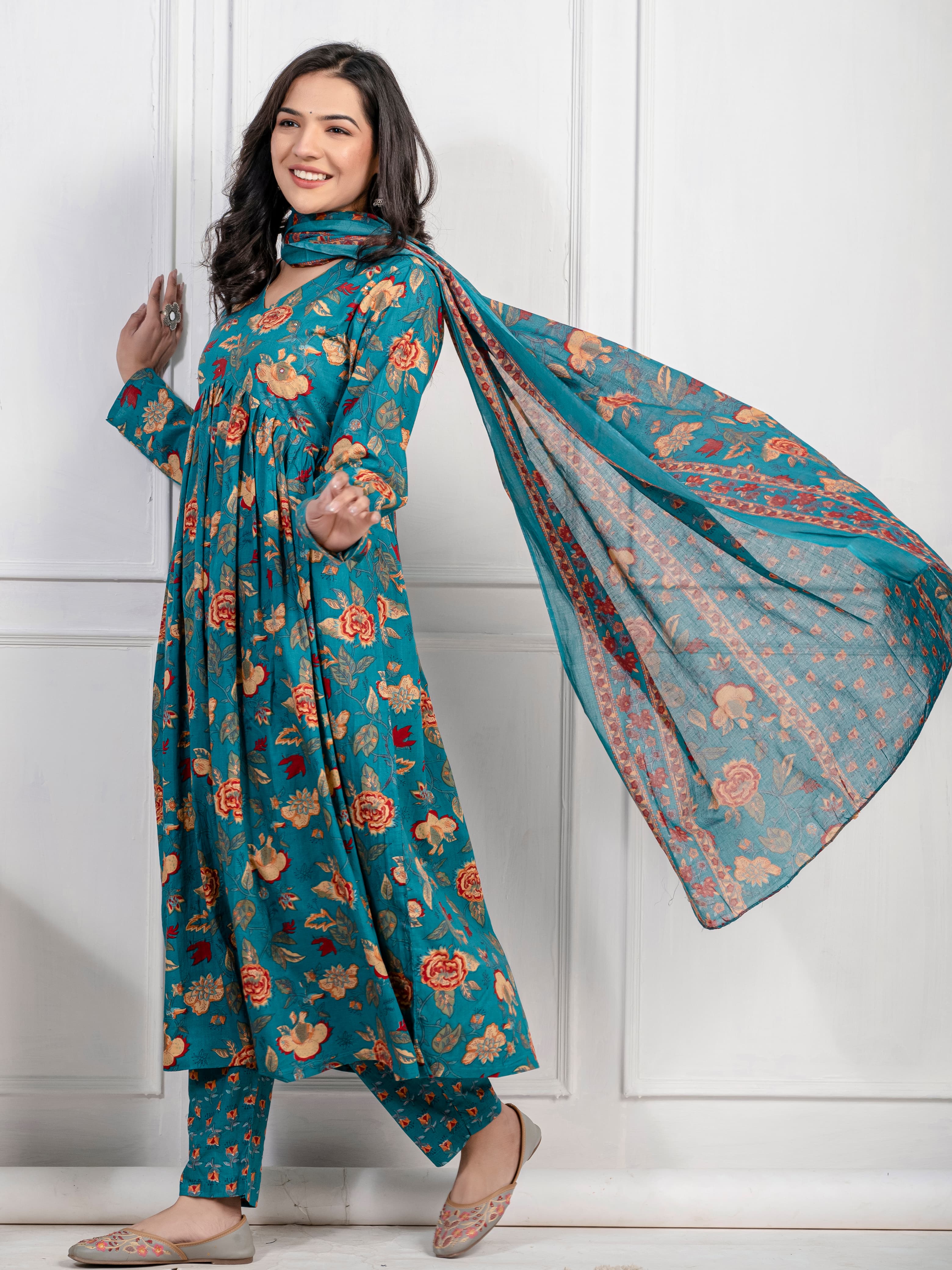 New Women Trendy Green Cotton Flower Printed Sequence Worked Kurta And Pant With Cotton Mulmul Dupatta