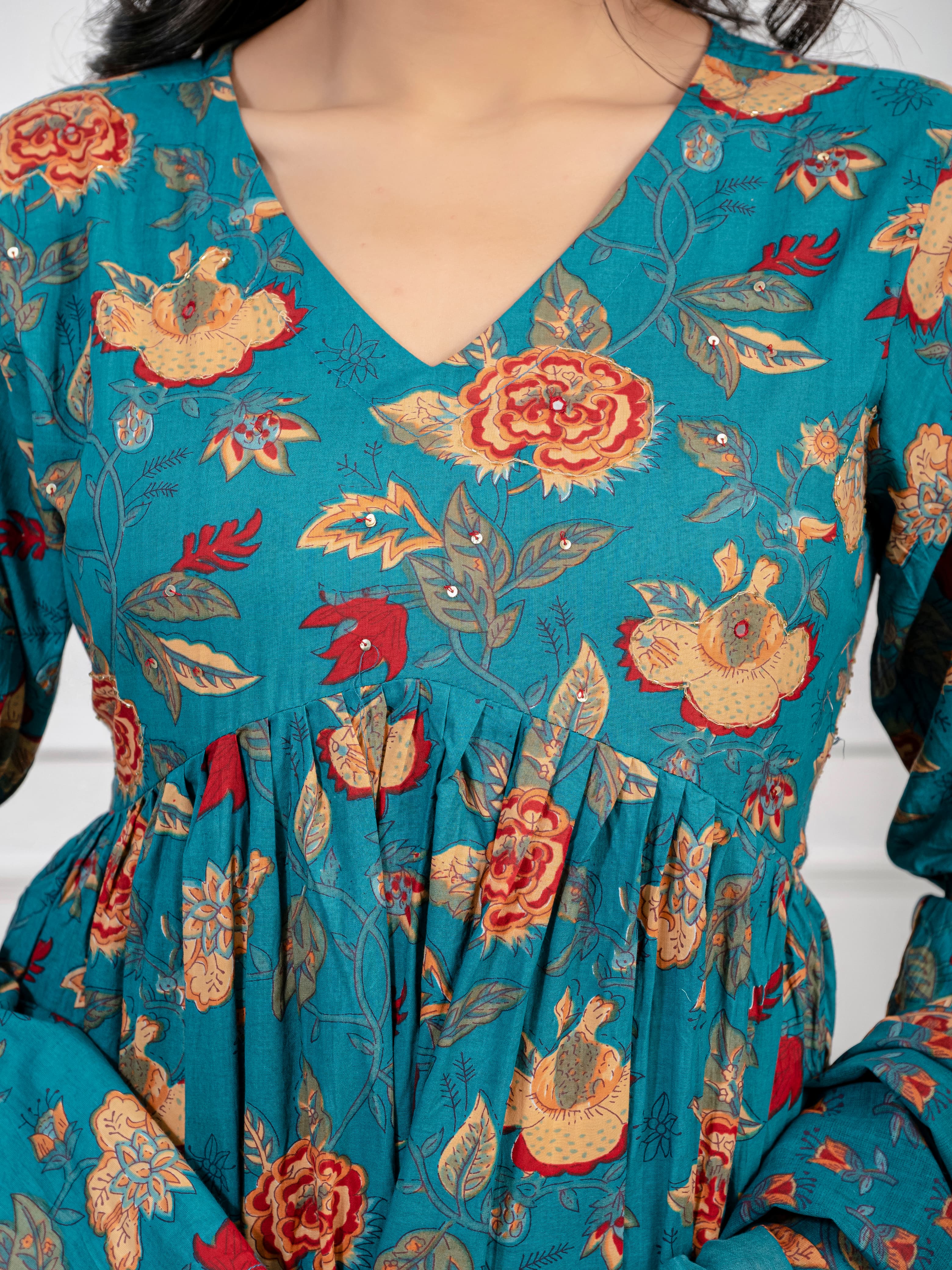 New Women Trendy Green Cotton Flower Printed Sequence Worked Kurta And Pant With Cotton Mulmul Dupatta