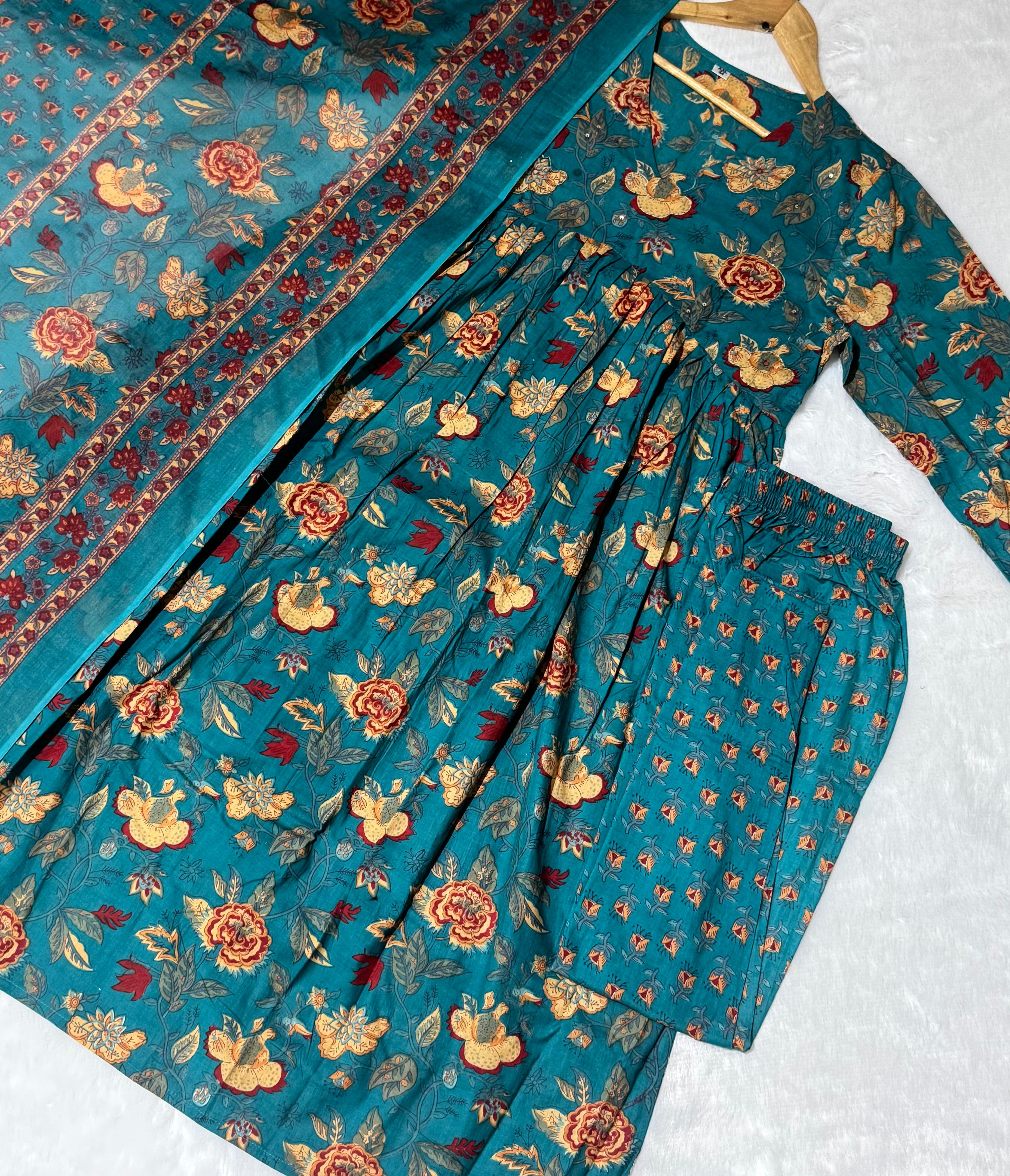New Women Trendy Green Cotton Flower Printed Sequence Worked Kurta And Pant With Cotton Mulmul Dupatta