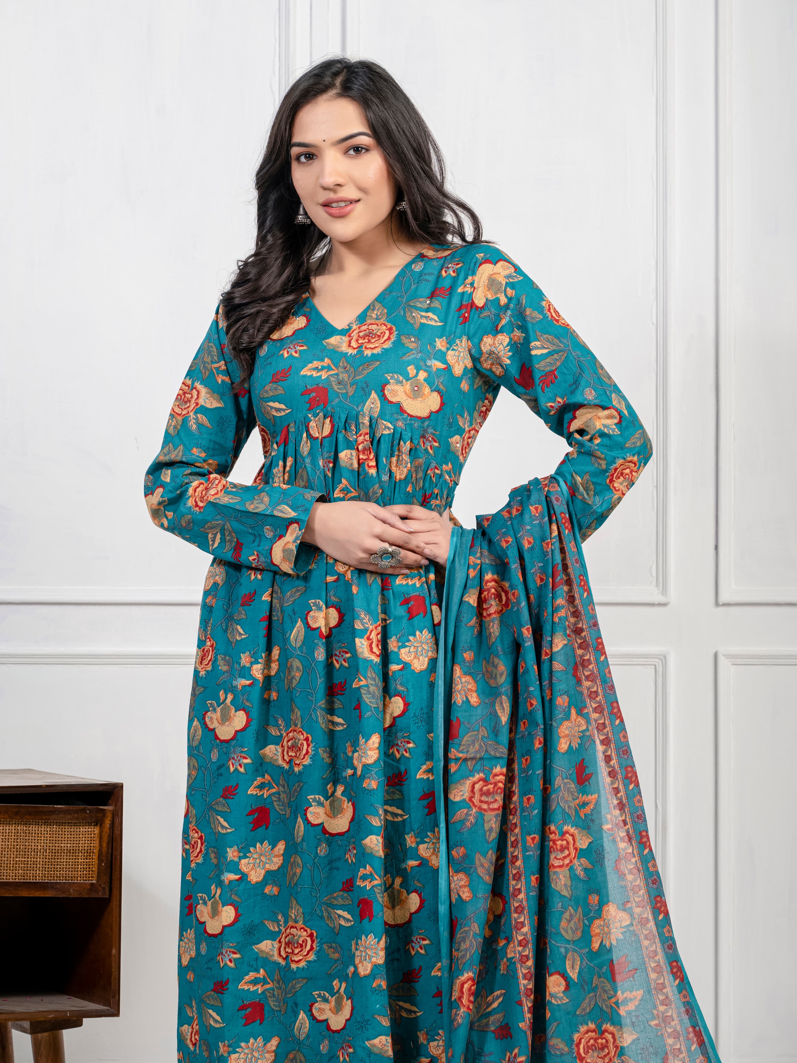 New Women Trendy Green Cotton Flower Printed Sequence Worked Kurta And Pant With Cotton Mulmul Dupatta