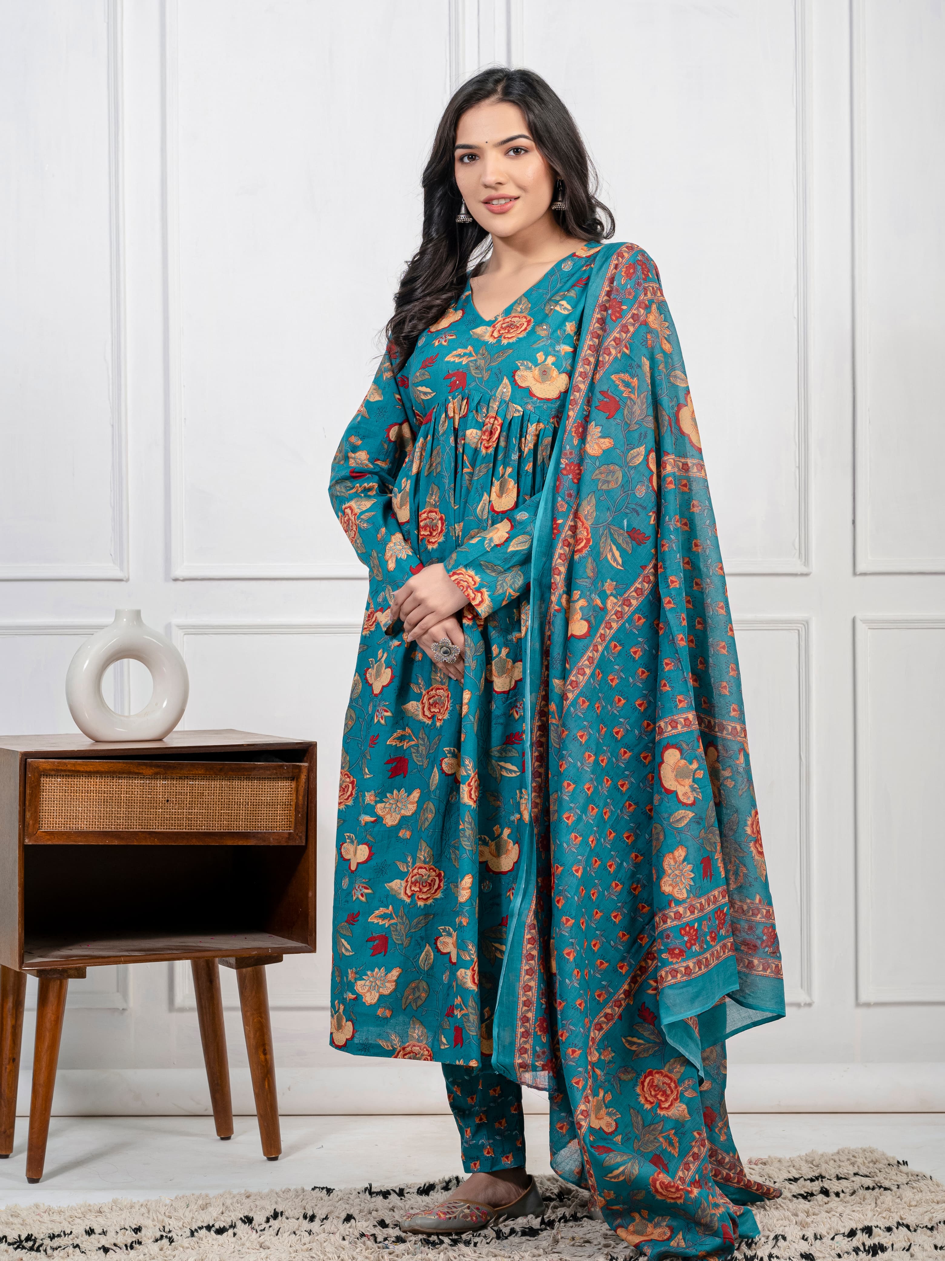 New Women Trendy Green Cotton Flower Printed Sequence Worked Kurta And Pant With Cotton Mulmul Dupatta