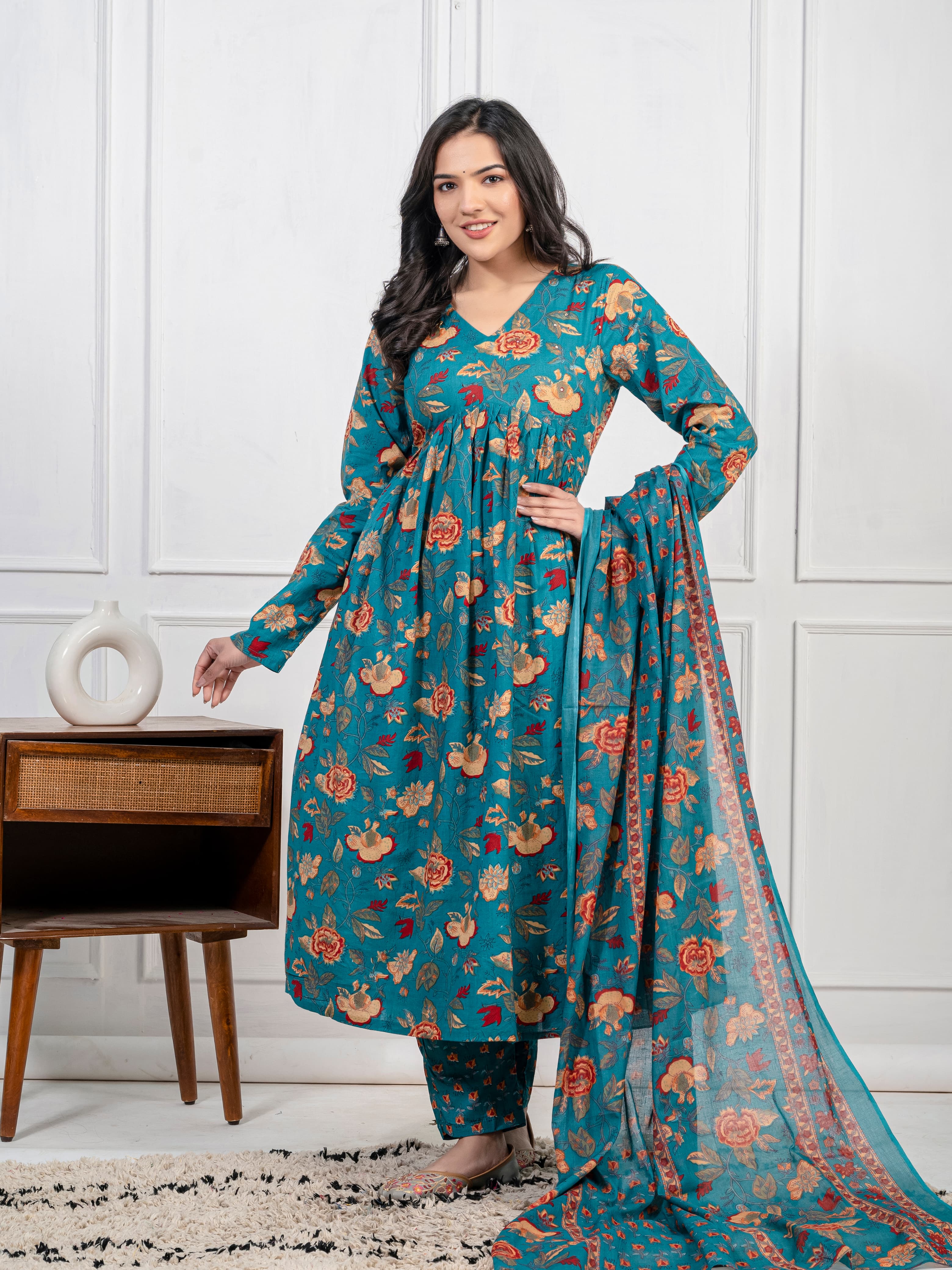 New Women Trendy Green Cotton Flower Printed Sequence Worked Kurta And Pant With Cotton Mulmul Dupatta