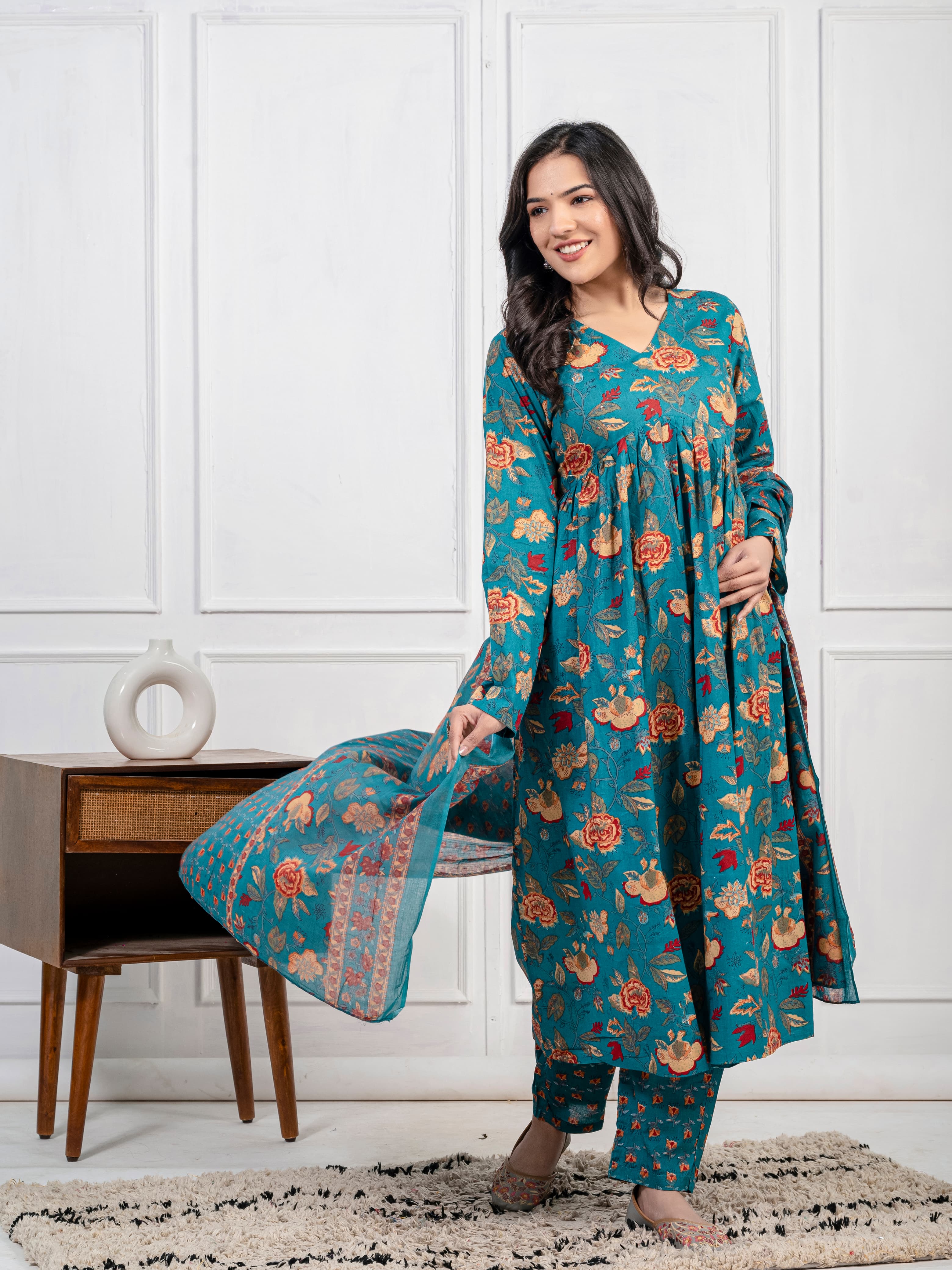 New Women Trendy Green Cotton Flower Printed Sequence Worked Kurta And Pant With Cotton Mulmul Dupatta