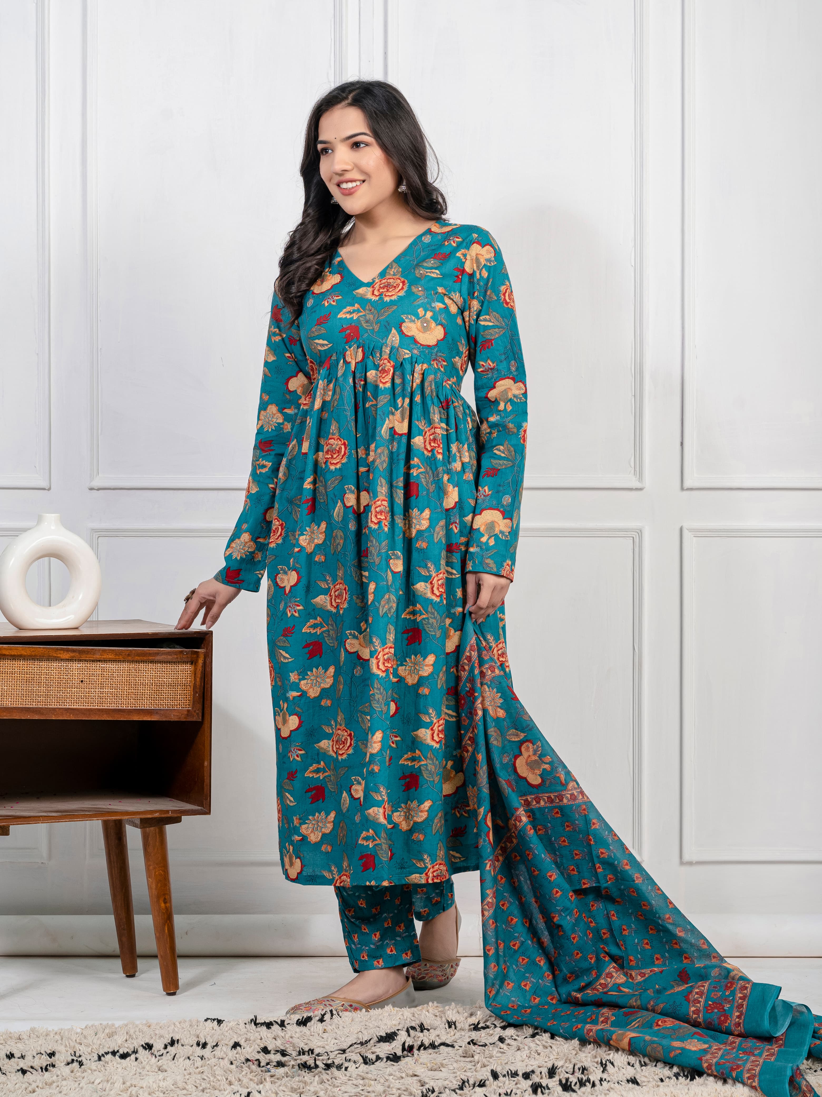 New Women Trendy Green Cotton Flower Printed Sequence Worked Kurta And Pant With Cotton Mulmul Dupatta