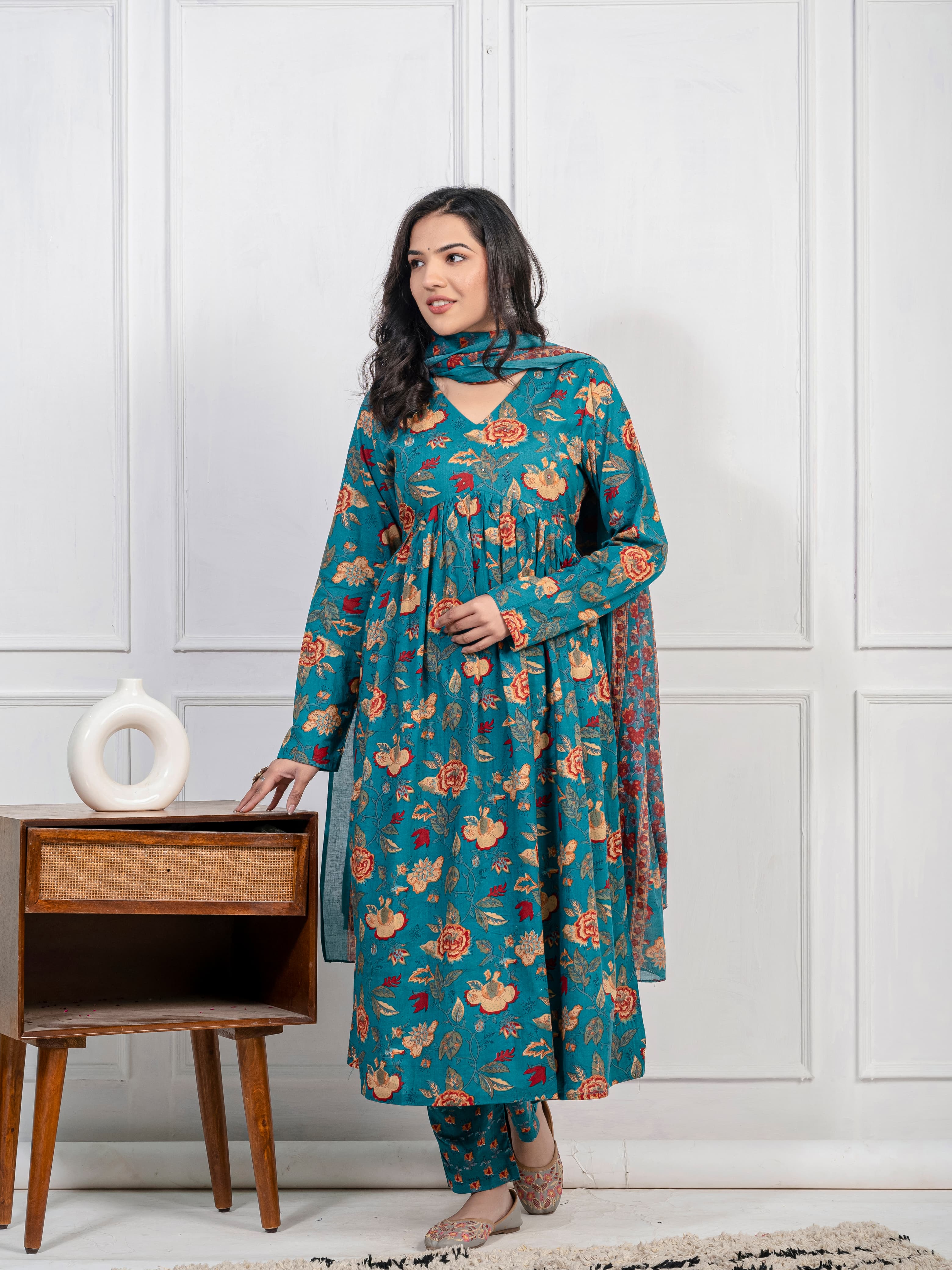 New Women Trendy Green Cotton Flower Printed Sequence Worked Kurta And Pant With Cotton Mulmul Dupatta