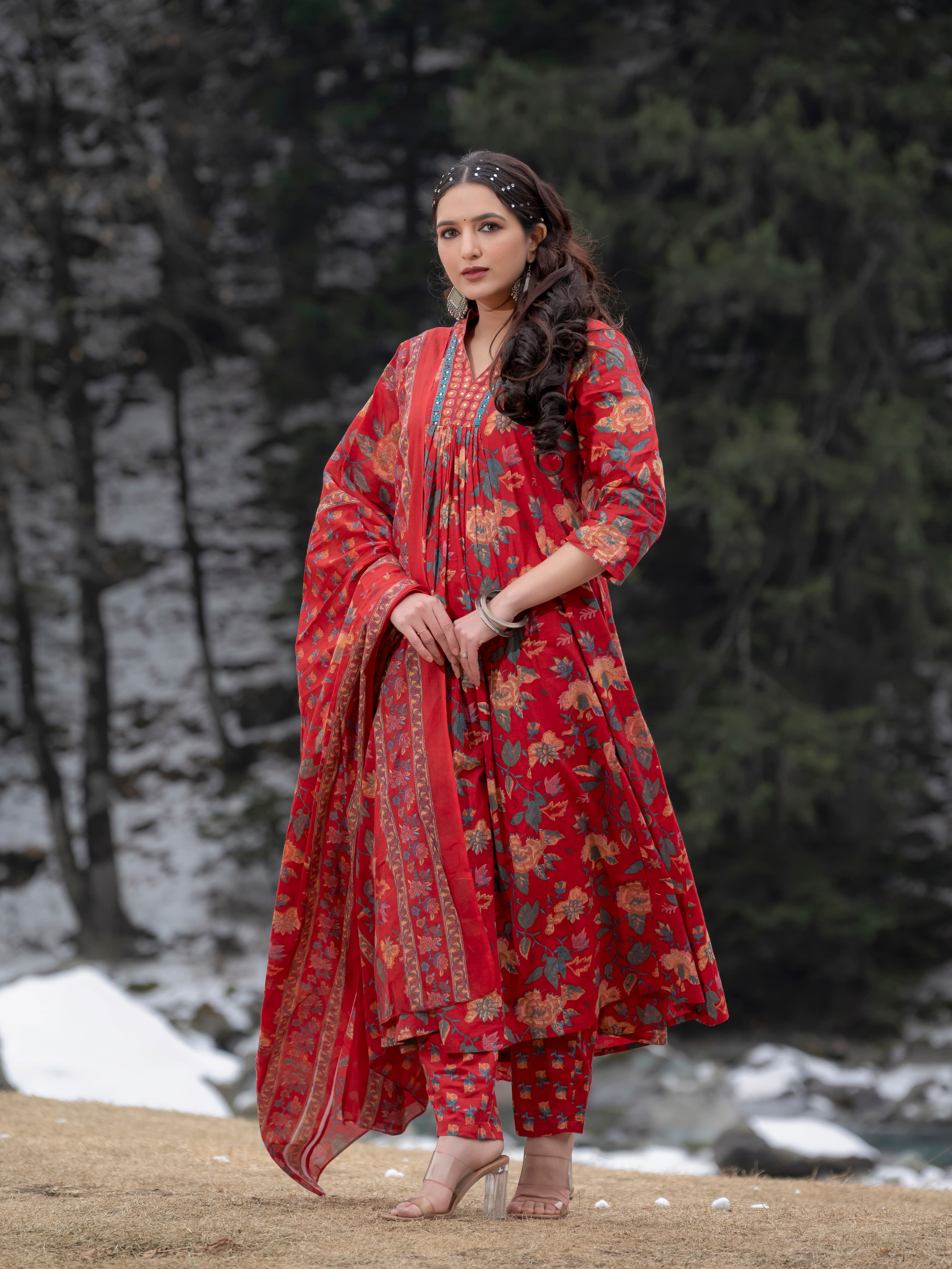 New Women Beautiful Cotton Flower Printed Neckline Worked Maroon Kurta And Pant With Cotton Mulmul Dupatta
