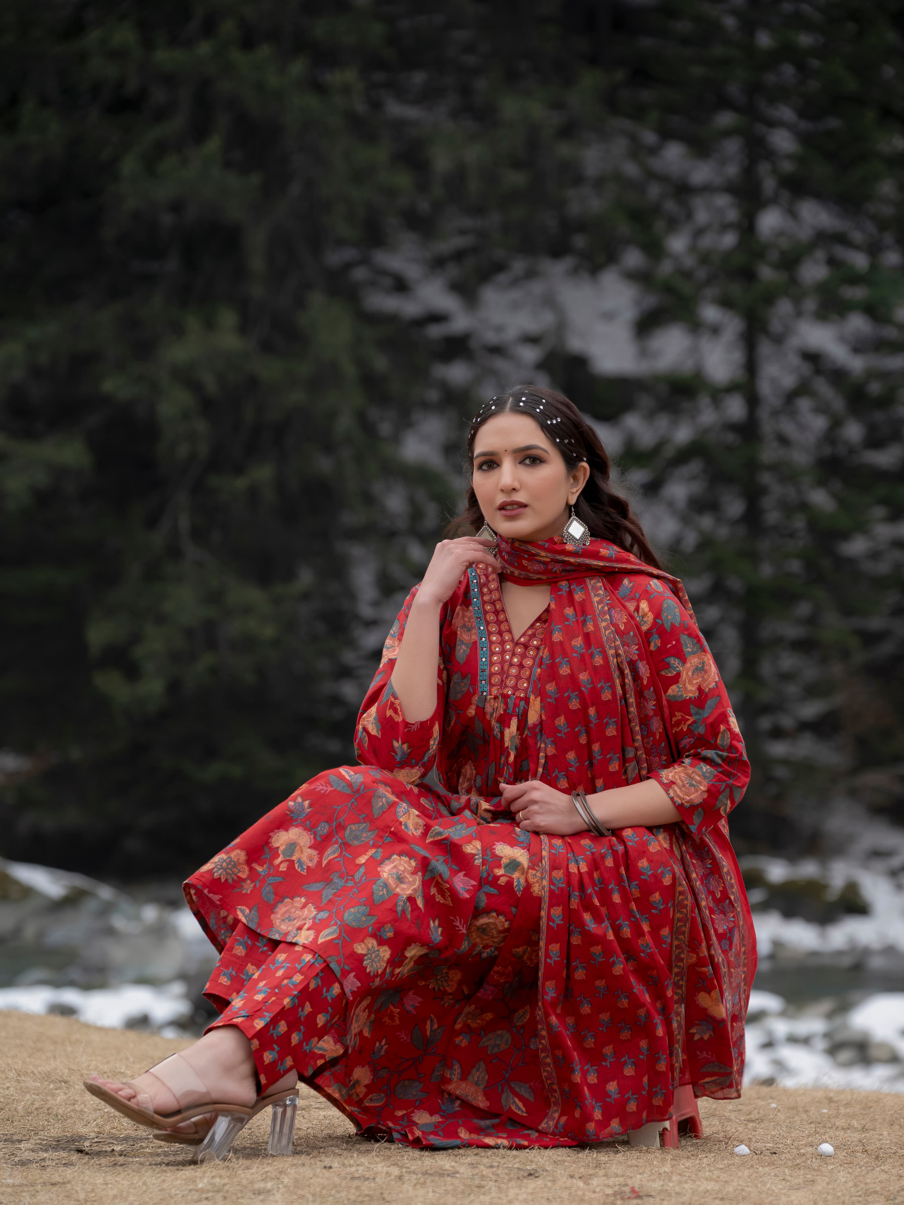 New Women Beautiful Cotton Flower Printed Neckline Worked Maroon Kurta And Pant With Cotton Mulmul Dupatta