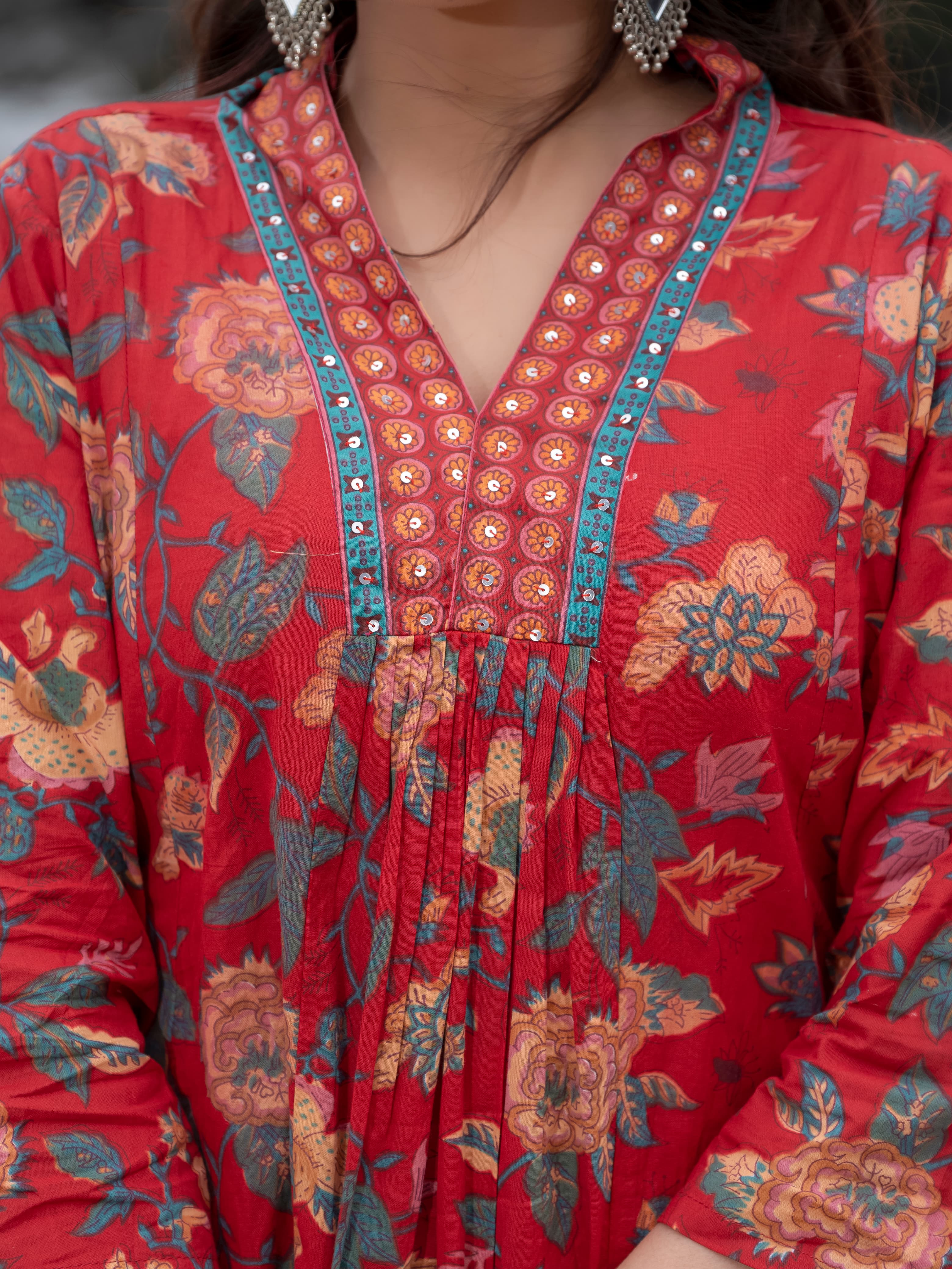 New Women Beautiful Cotton Flower Printed Neckline Worked Maroon Kurta And Pant With Cotton Mulmul Dupatta