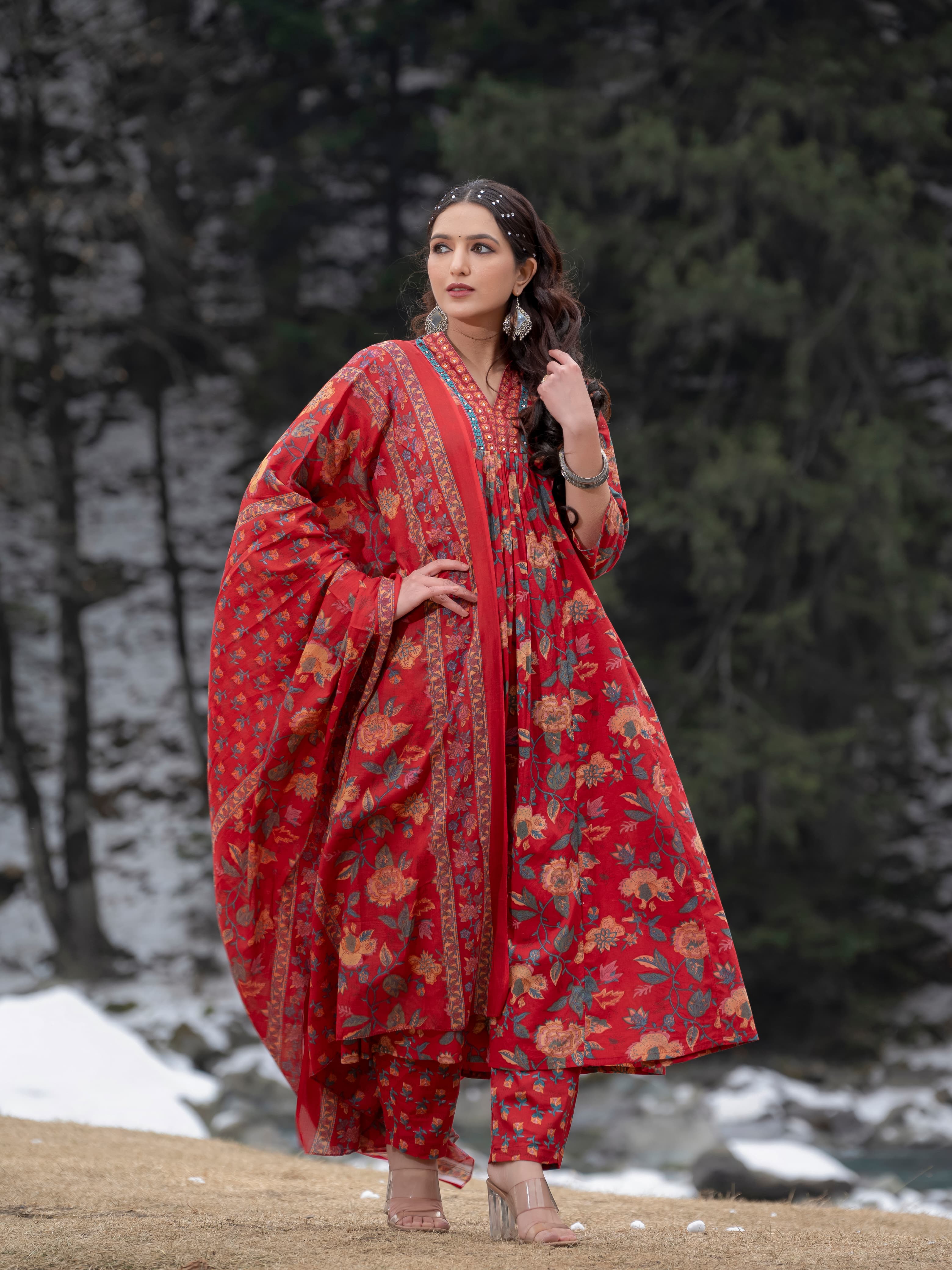 New Women Beautiful Cotton Flower Printed Neckline Worked Maroon Kurta And Pant With Cotton Mulmul Dupatta