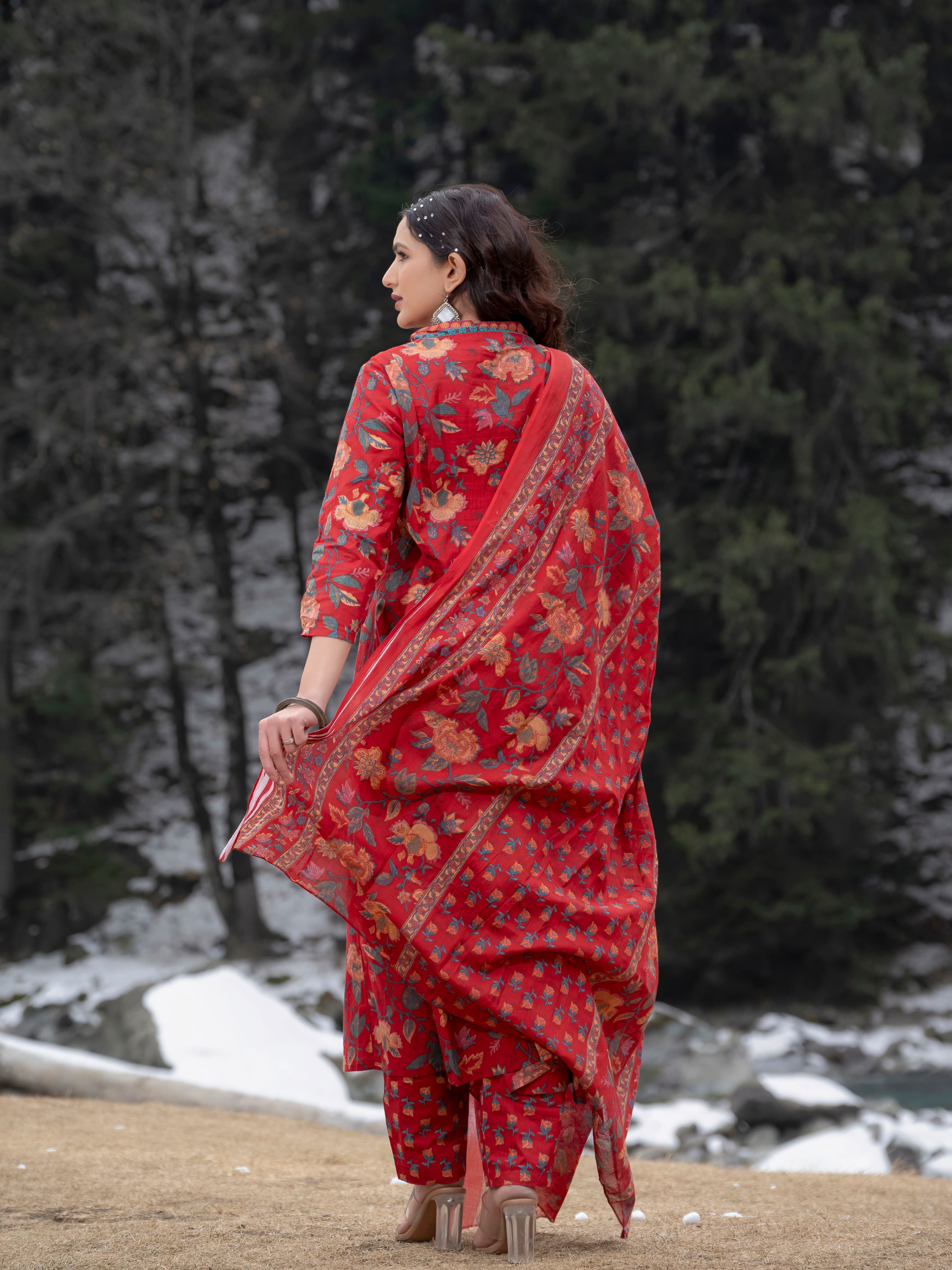 New Women Beautiful Cotton Flower Printed Neckline Worked Maroon Kurta And Pant With Cotton Mulmul Dupatta