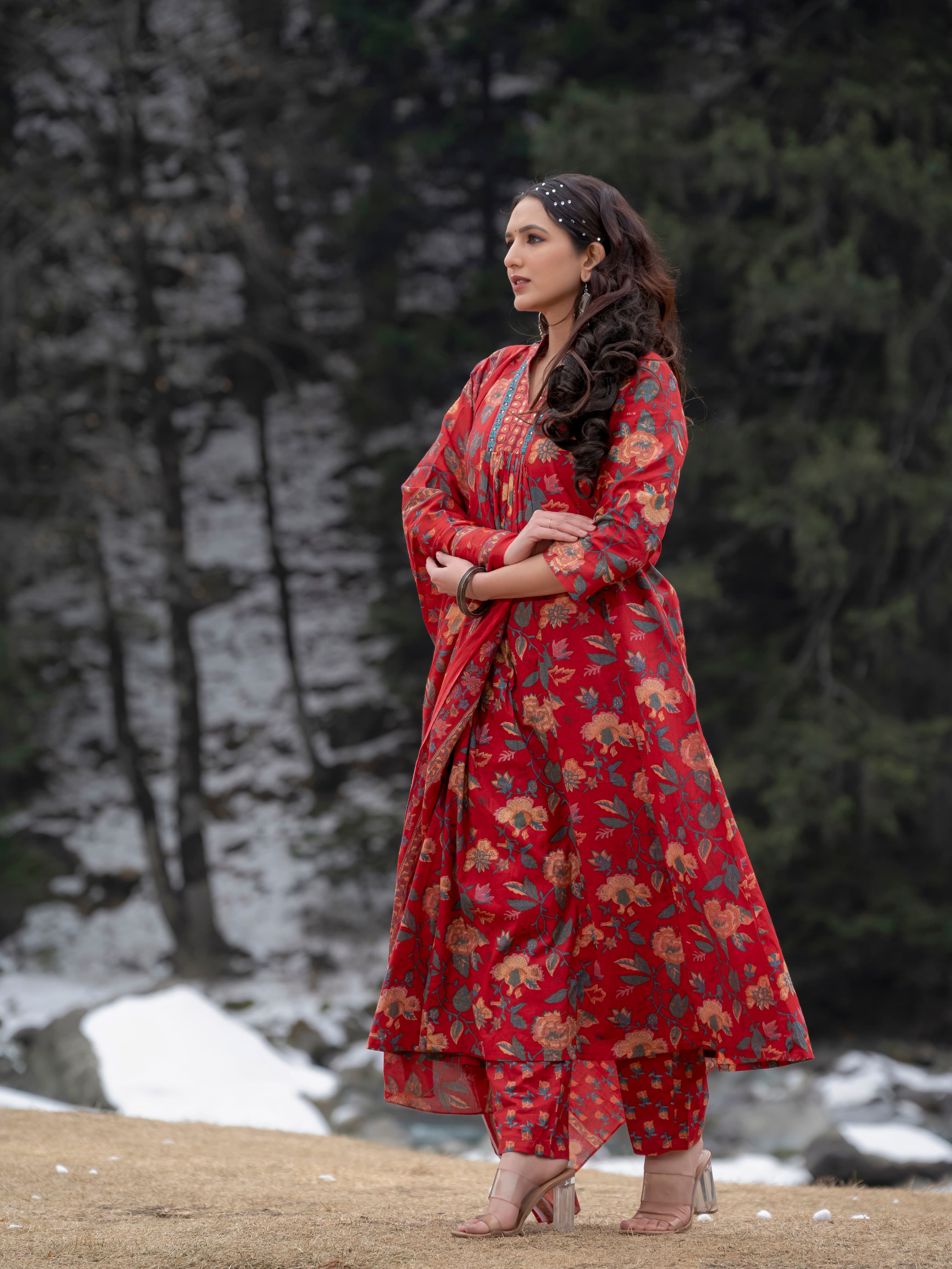 New Women Beautiful Cotton Flower Printed Neckline Worked Maroon Kurta And Pant With Cotton Mulmul Dupatta