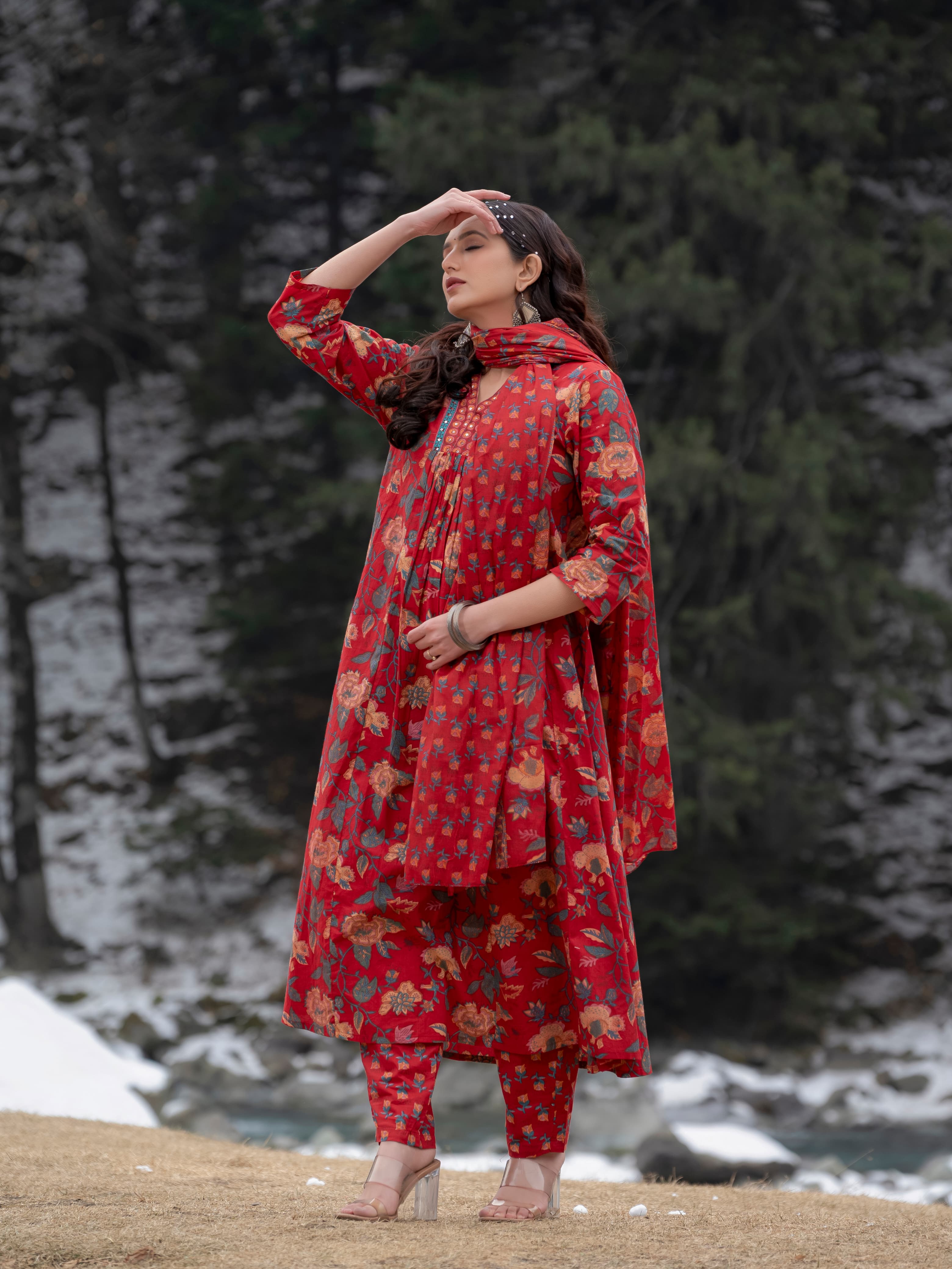 New Women Beautiful Cotton Flower Printed Neckline Worked Maroon Kurta And Pant With Cotton Mulmul Dupatta