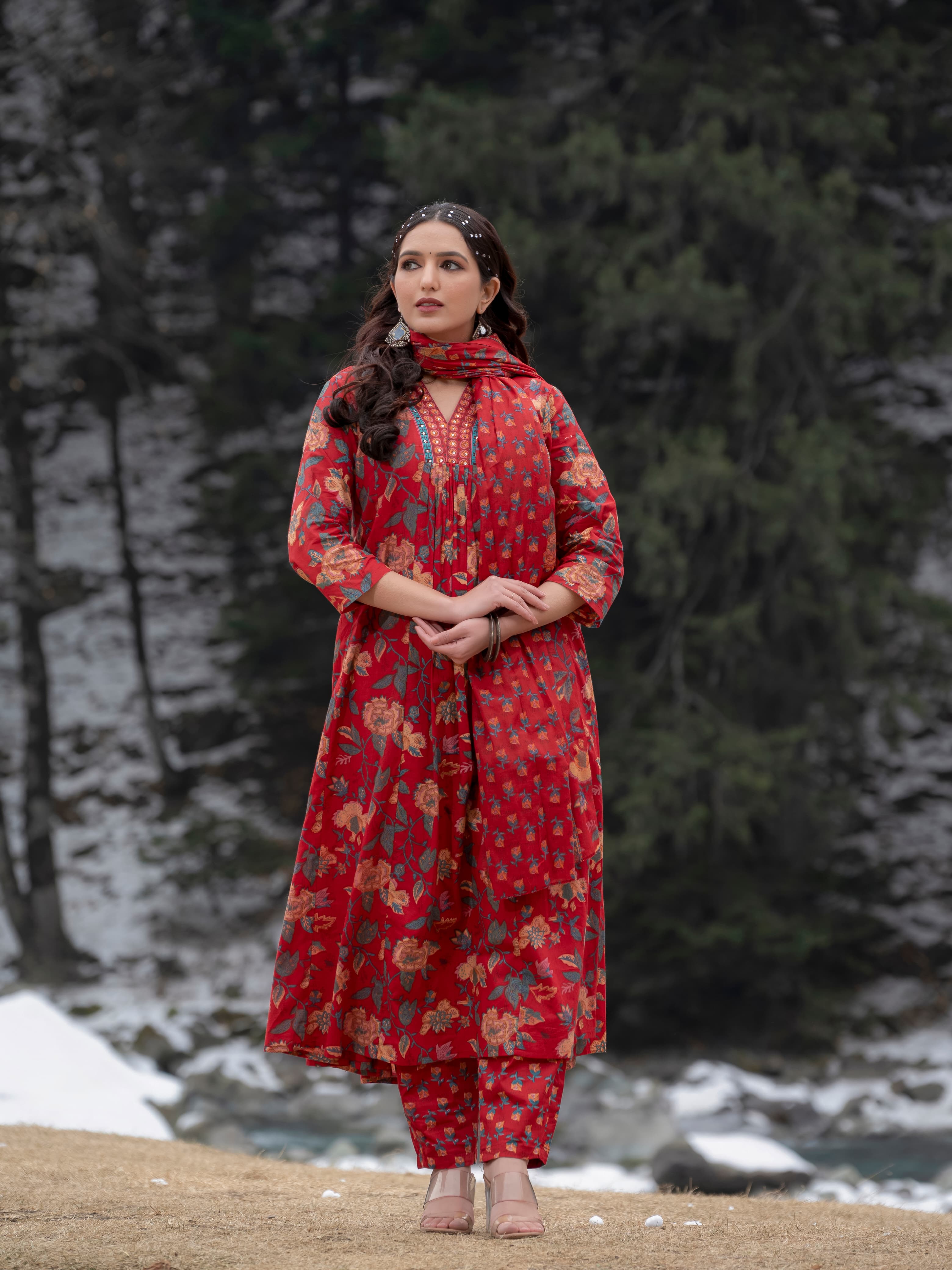 New Women Beautiful Cotton Flower Printed Neckline Worked Maroon Kurta And Pant With Cotton Mulmul Dupatta