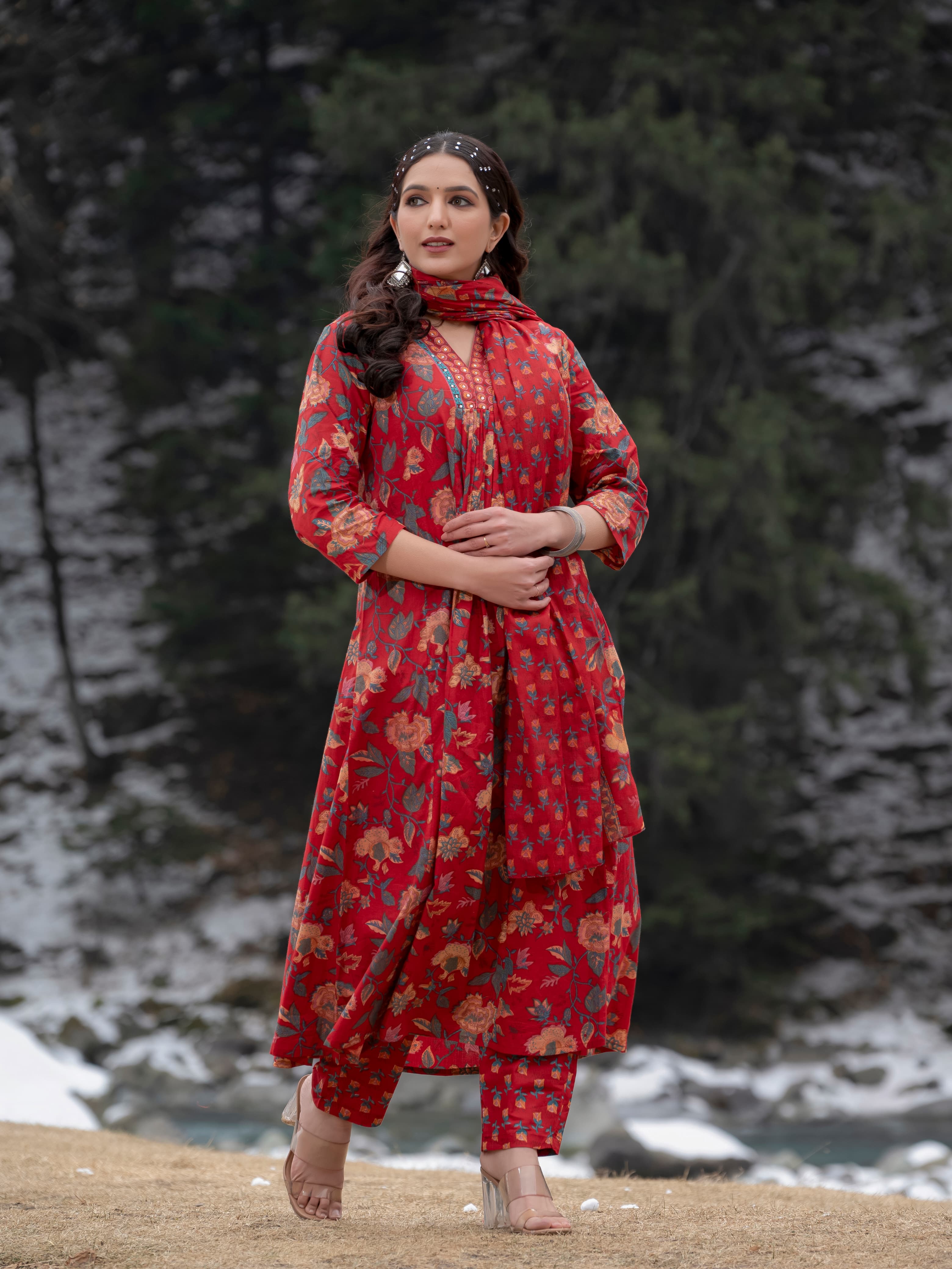 New Women Beautiful Cotton Flower Printed Neckline Worked Maroon Kurta And Pant With Cotton Mulmul Dupatta