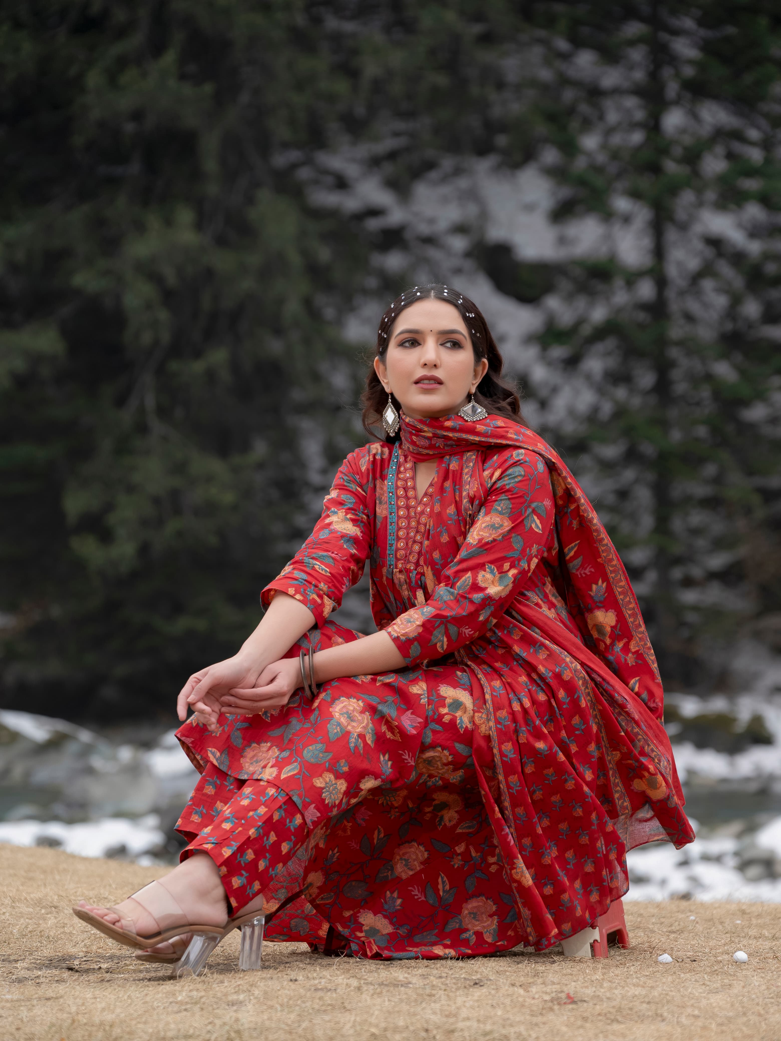 New Women Beautiful Cotton Flower Printed Neckline Worked Maroon Kurta And Pant With Cotton Mulmul Dupatta