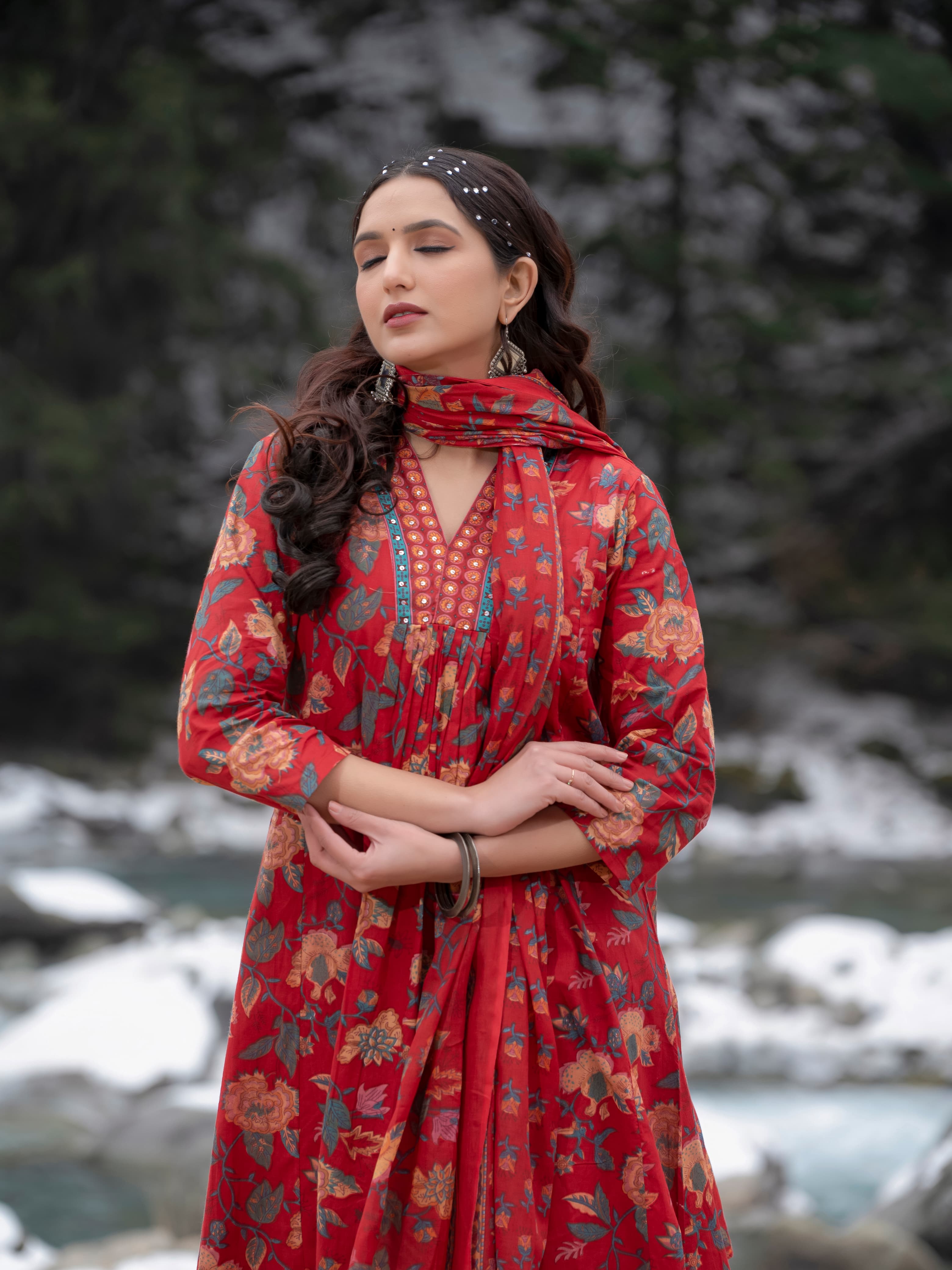 New Women Beautiful Cotton Flower Printed Neckline Worked Maroon Kurta And Pant With Cotton Mulmul Dupatta