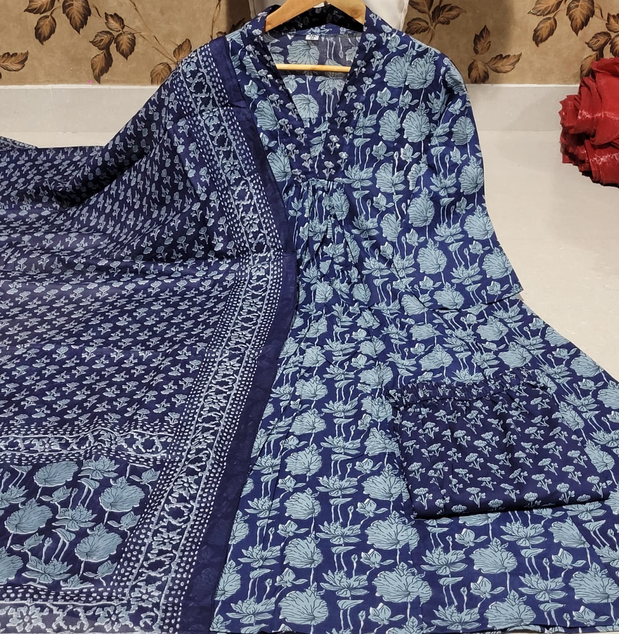 Women Beautiful Cotton Flower Printed Neckline Worked Kurta And Pant With Cotton Mulmul Dupatta