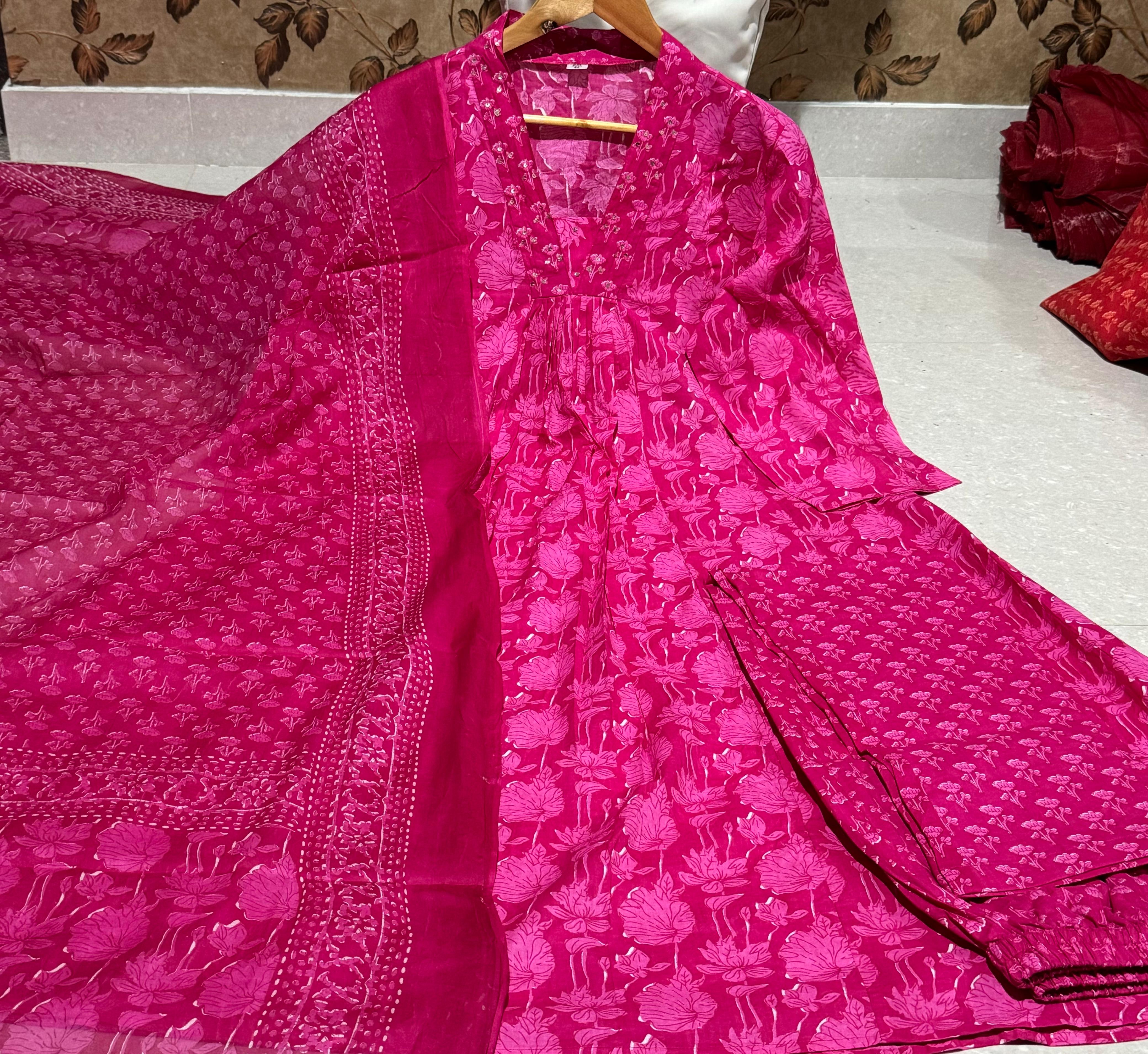 Women Beautiful Cotton Flower Printed Neckline Worked Kurta And Pant With Cotton Mulmul Dupatta