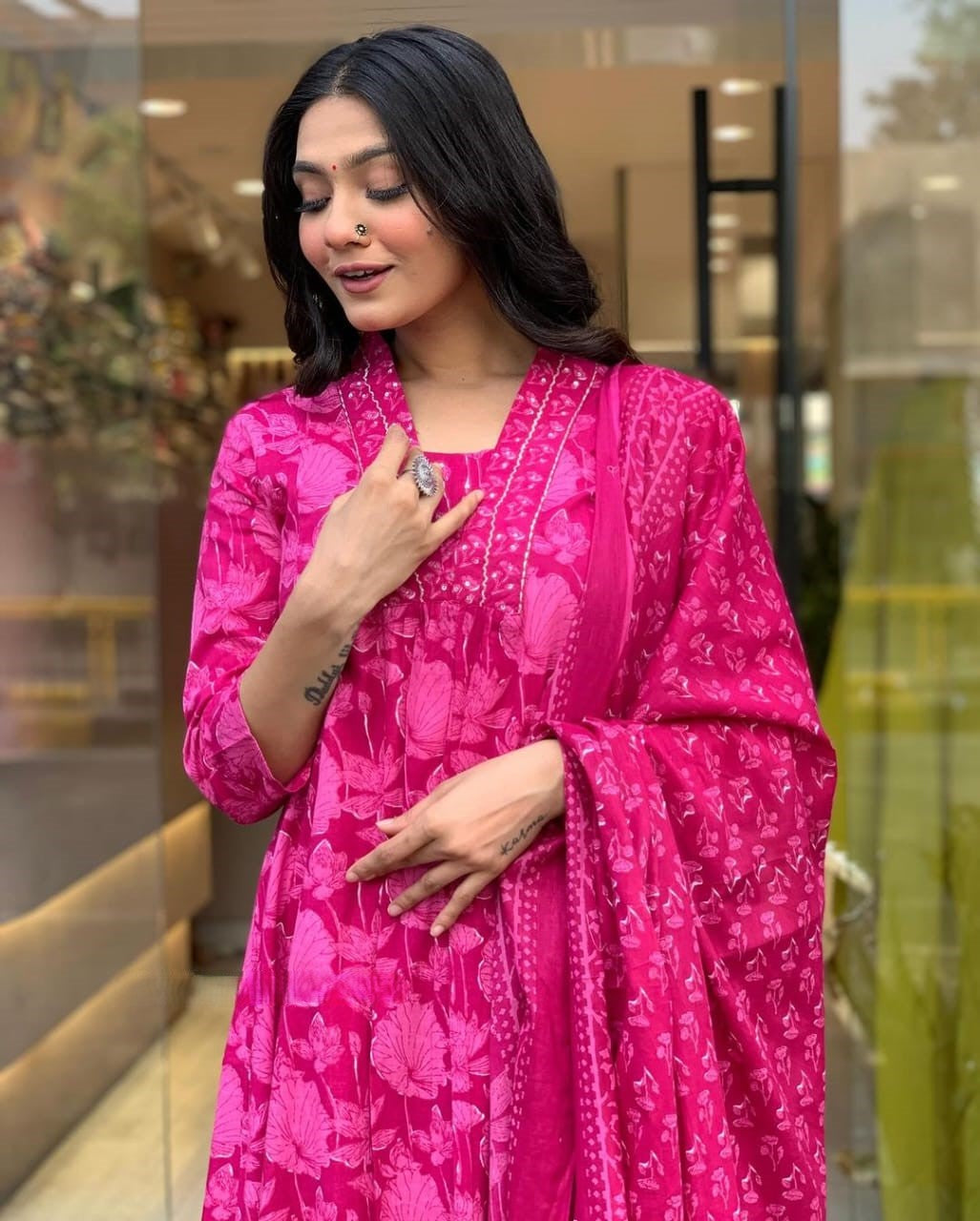 Women Beautiful Cotton Flower Printed Neckline Worked Kurta And Pant With Cotton Mulmul Dupatta