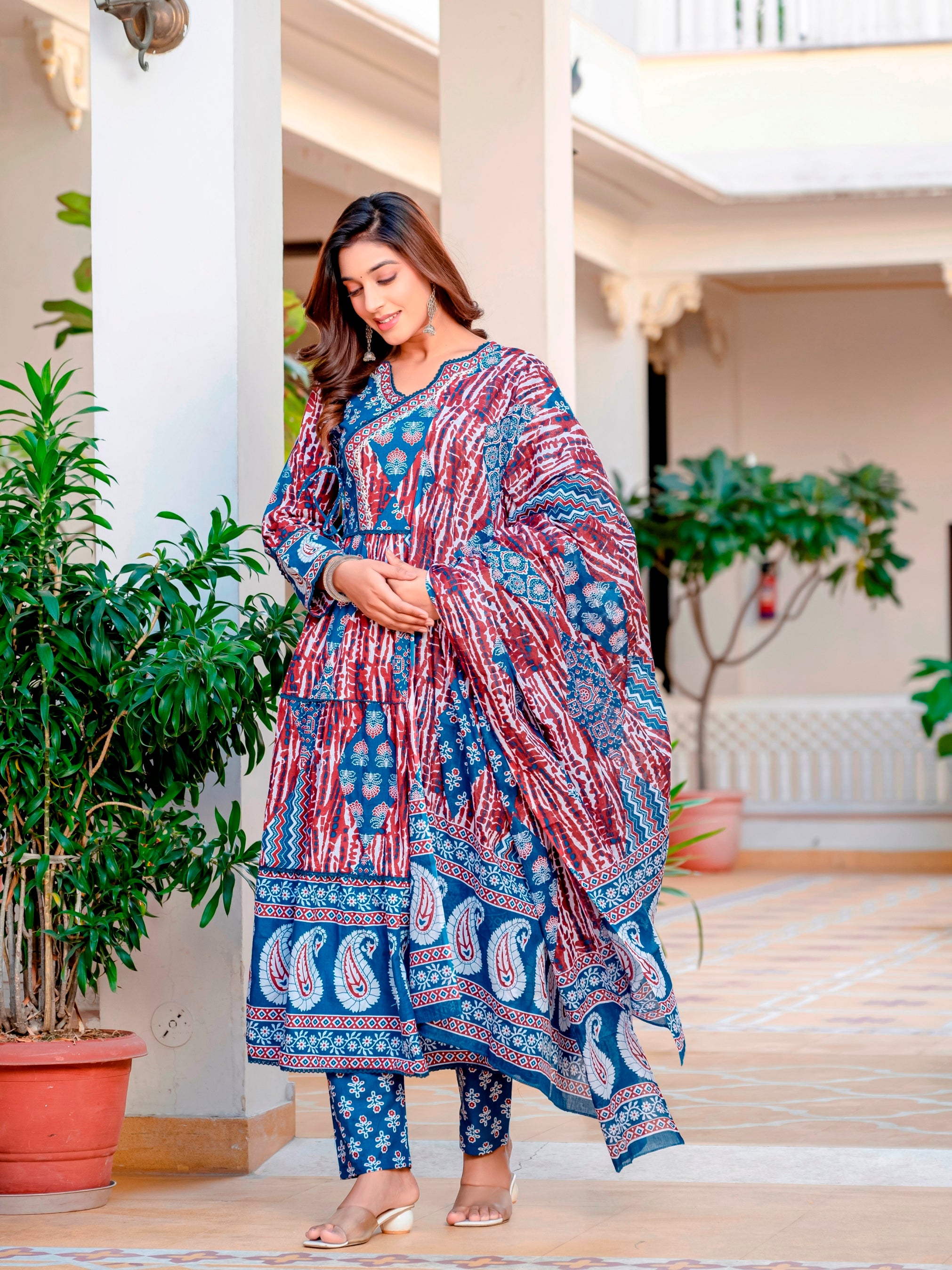 Blue Maroon Cotton Embroidered Festival Casual Anarkali Kurti With Pant and Dupatta