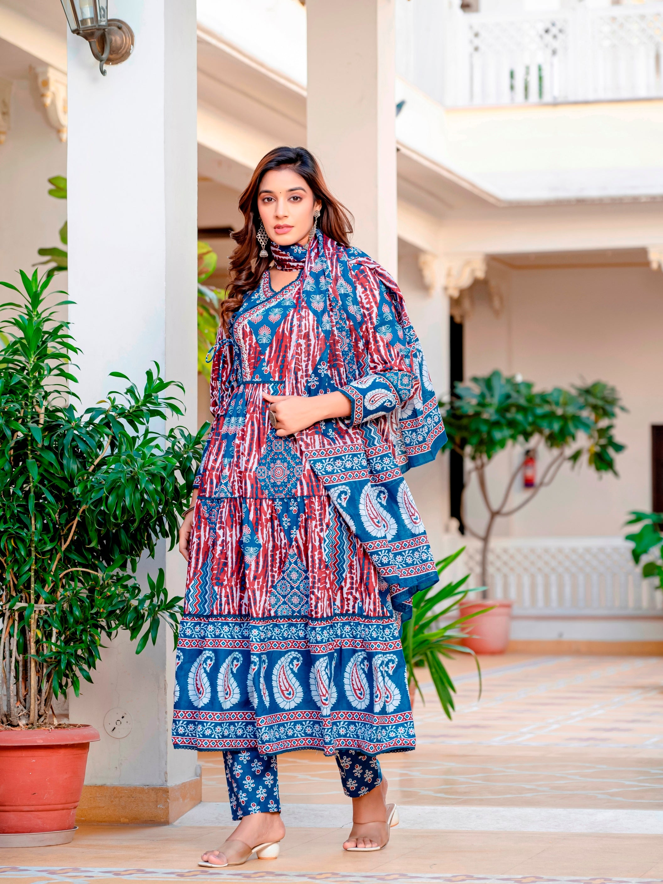 Blue Maroon Cotton Embroidered Festival Casual Anarkali Kurti With Pant and Dupatta