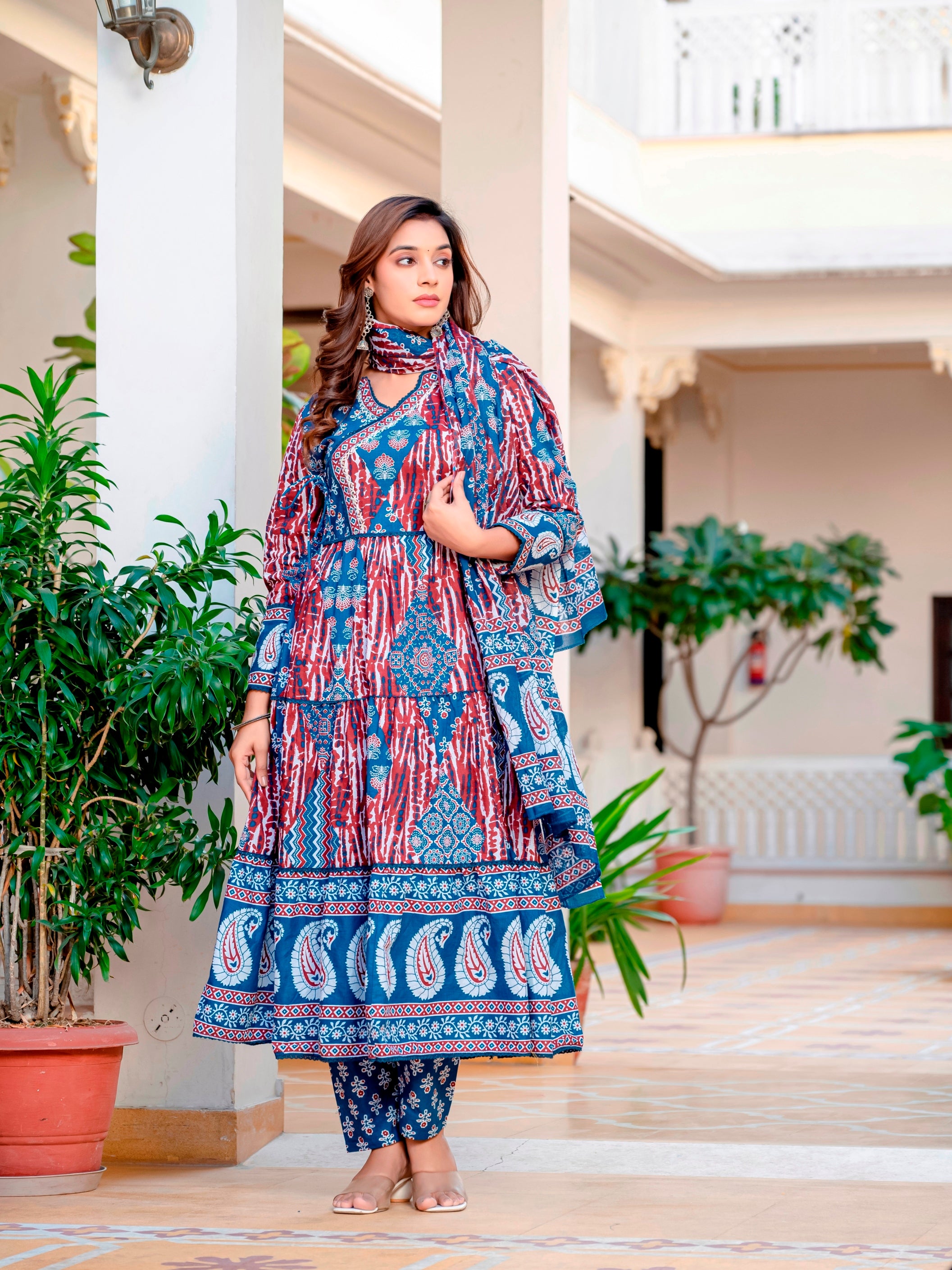 Blue Maroon Cotton Embroidered Festival Casual Anarkali Kurti With Pant and Dupatta