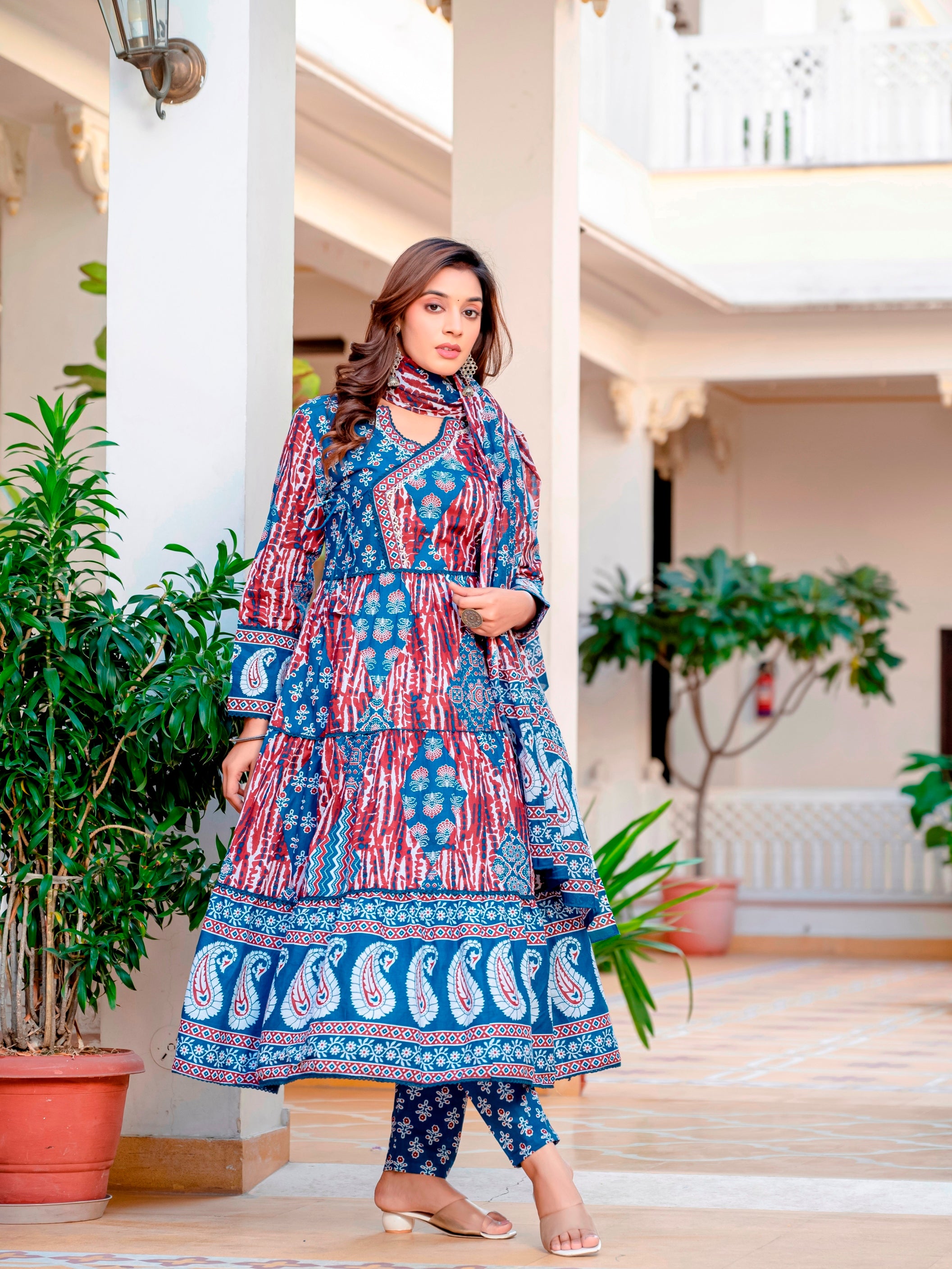 Blue Maroon Cotton Embroidered Festival Casual Anarkali Kurti With Pant and Dupatta