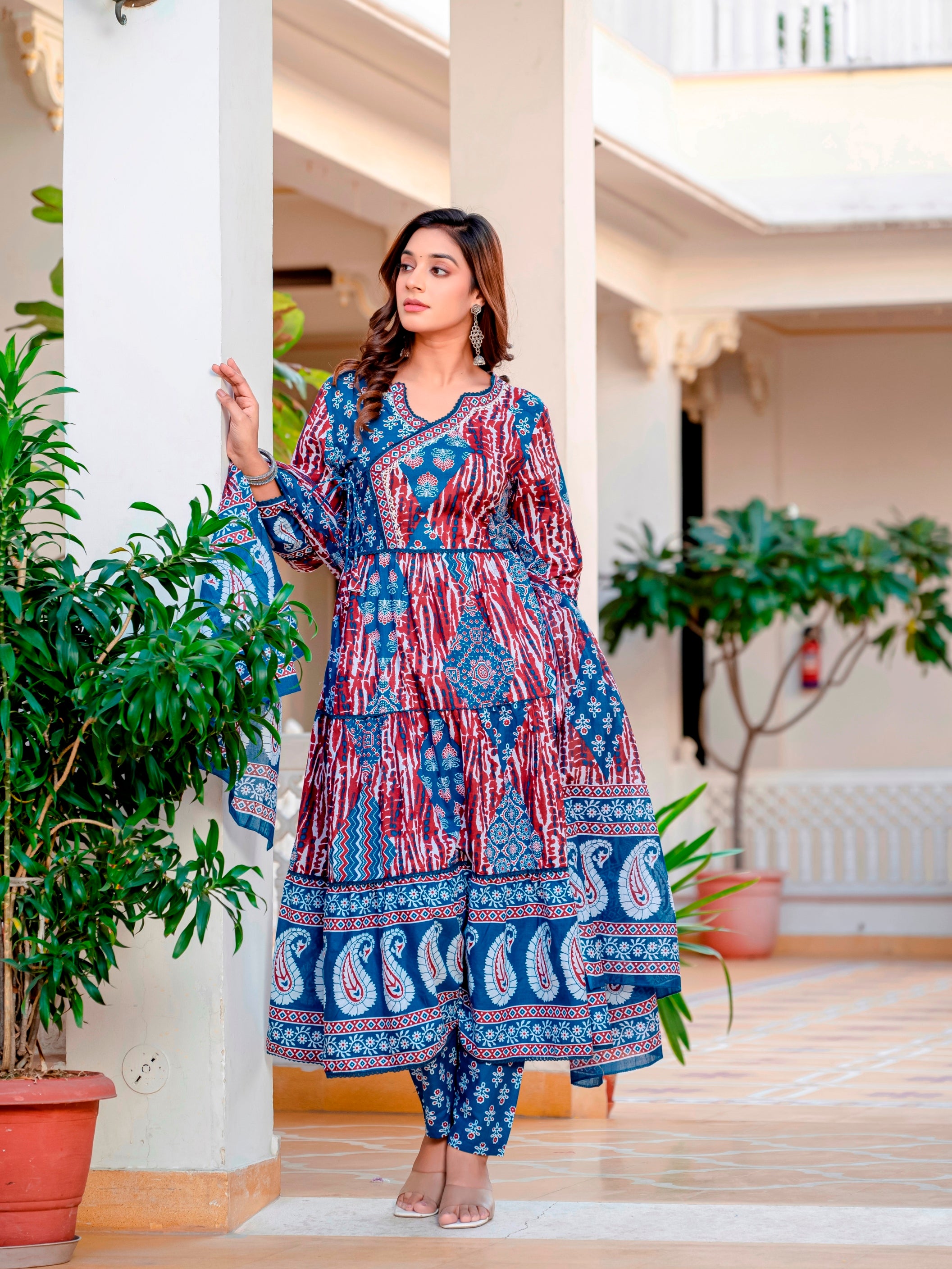 Blue Maroon Cotton Embroidered Festival Casual Anarkali Kurti With Pant and Dupatta