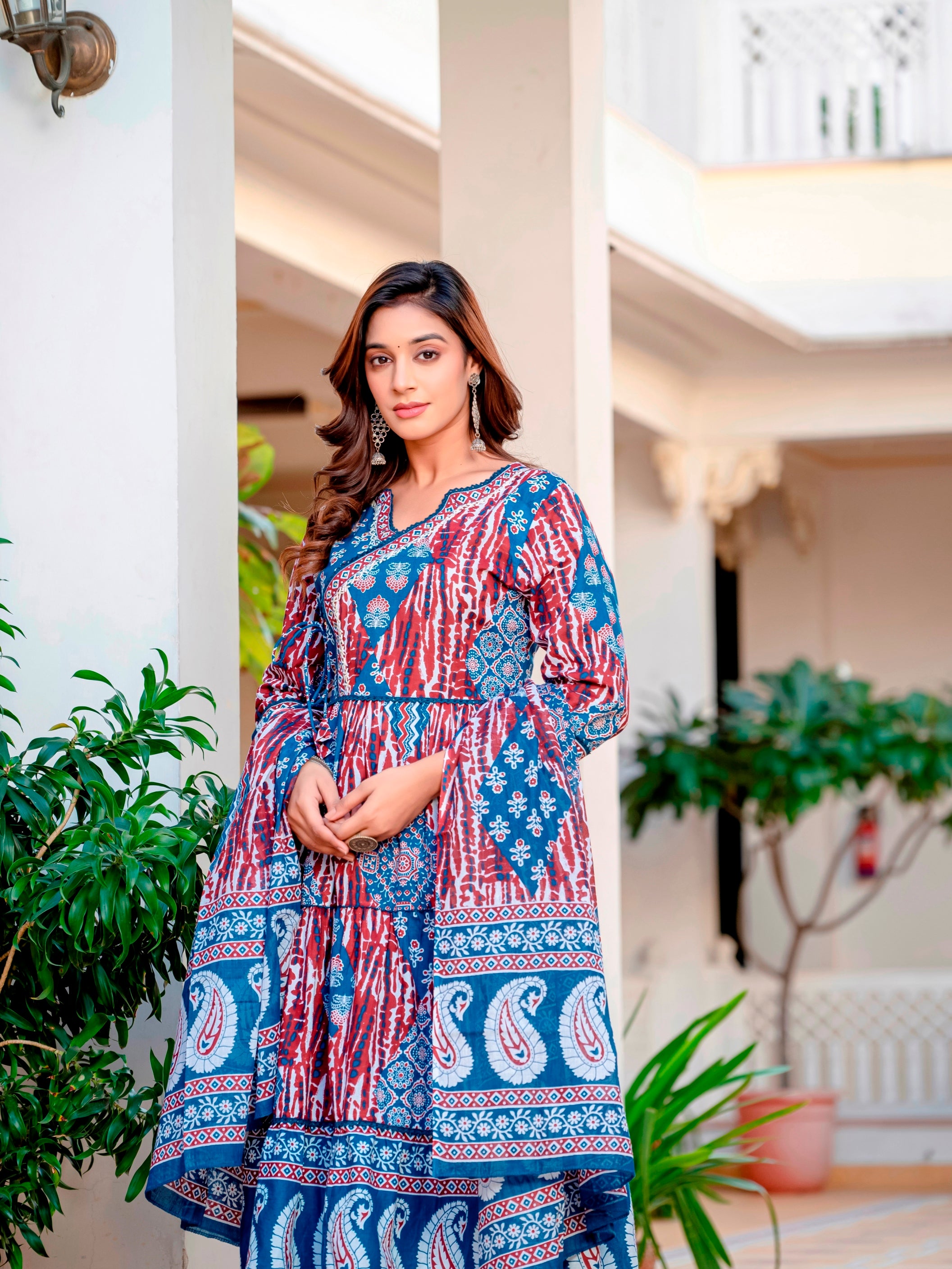 Blue Maroon Cotton Embroidered Festival Casual Anarkali Kurti With Pant and Dupatta