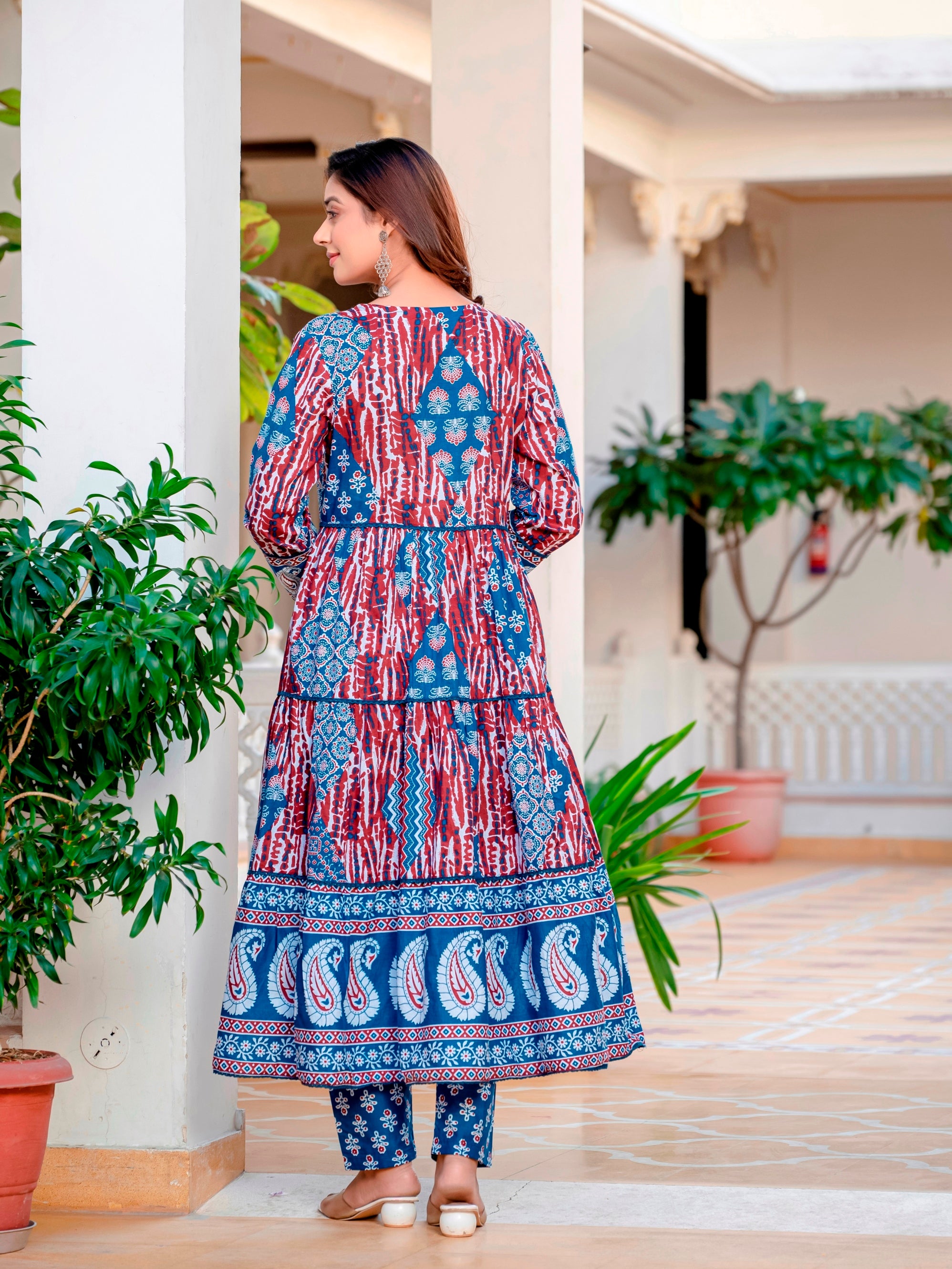 Blue Maroon Cotton Embroidered Festival Casual Anarkali Kurti With Pant and Dupatta