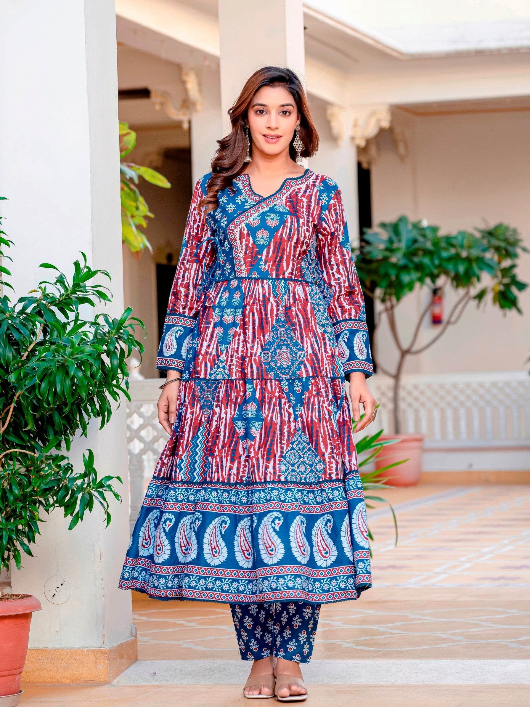 Blue Maroon Cotton Embroidered Festival Casual Anarkali Kurti With Pant and Dupatta