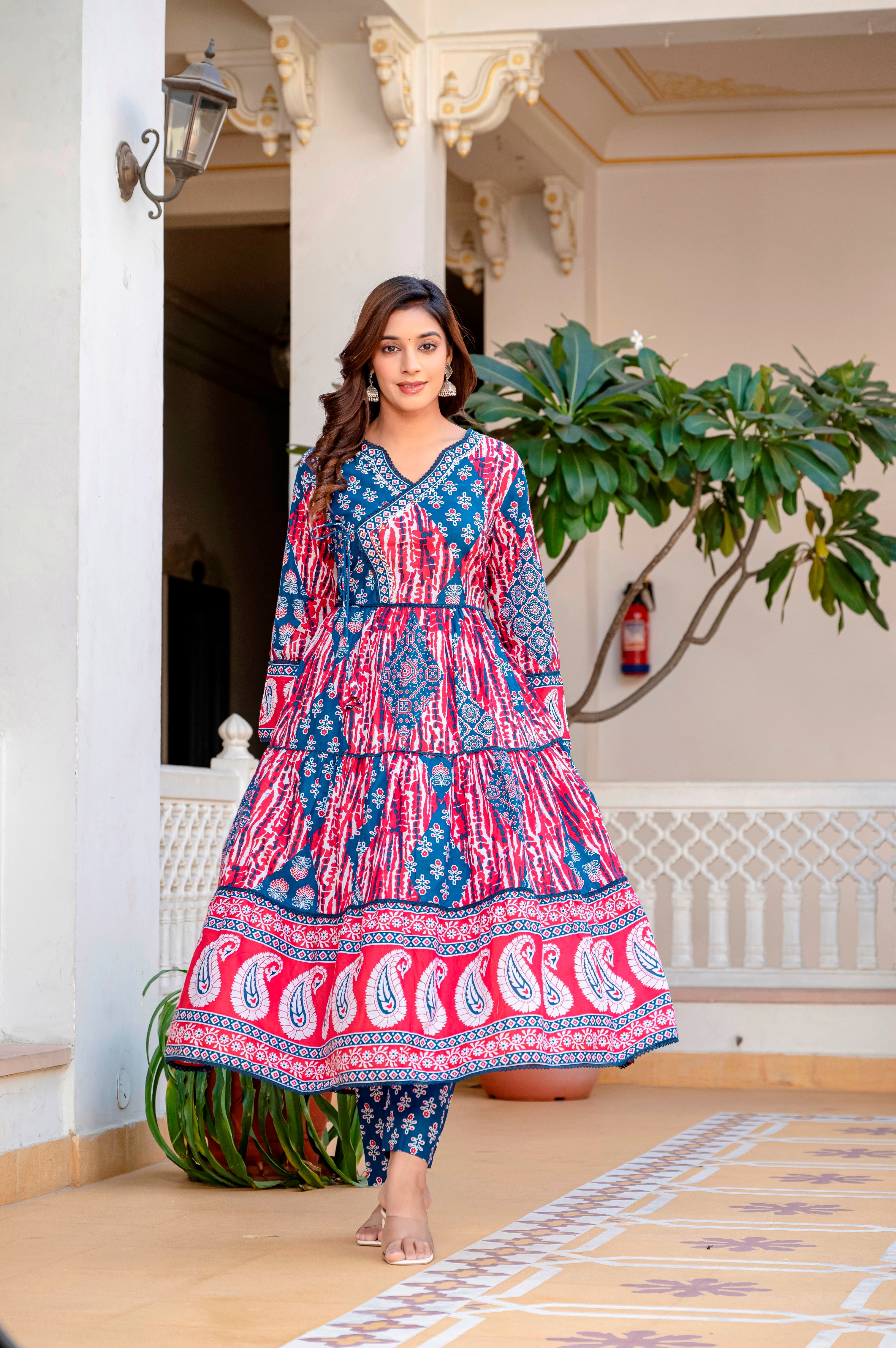 Blue Red Cotton Embroidered Festival Casual Anarkali Kurti With Pant and Dupatta