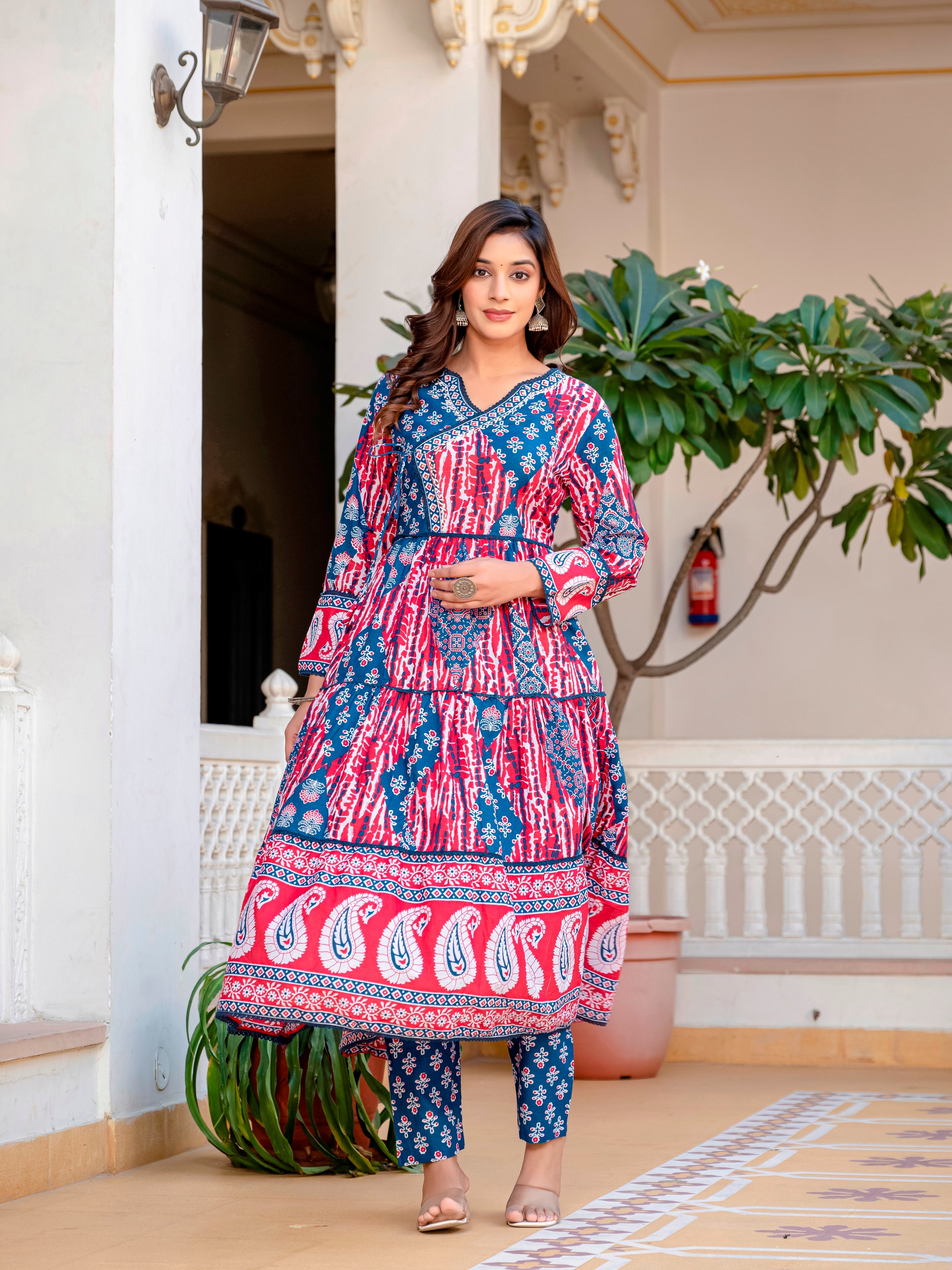 Blue Red Cotton Embroidered Festival Casual Anarkali Kurti With Pant and Dupatta